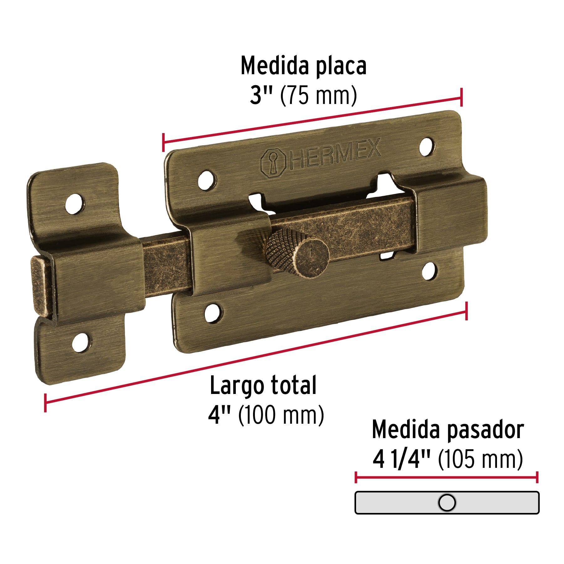Pasador de barra plana 3", latón antiguo, HERMEX
