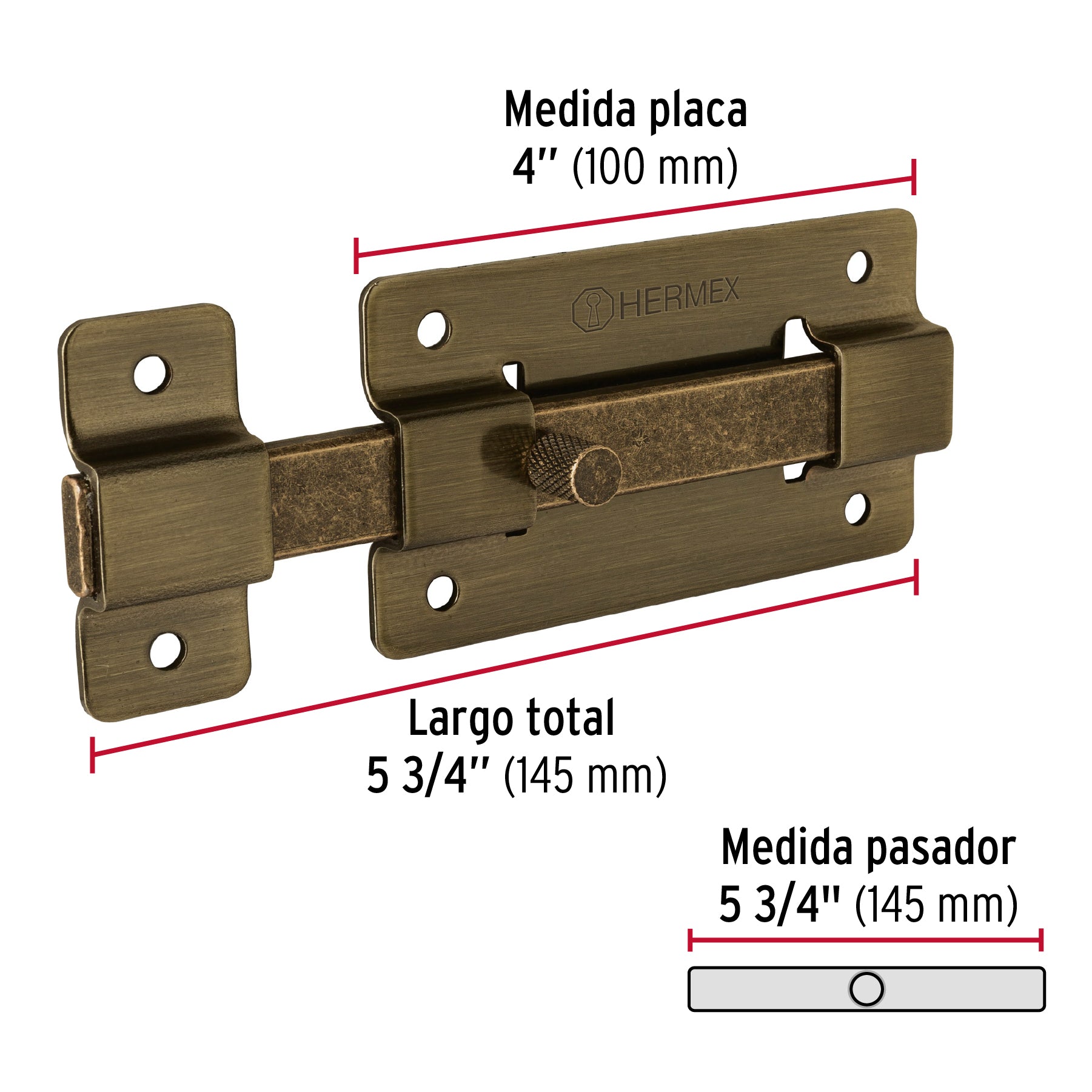 Pasador de barra plana 4", latón antiguo, HERMEX
