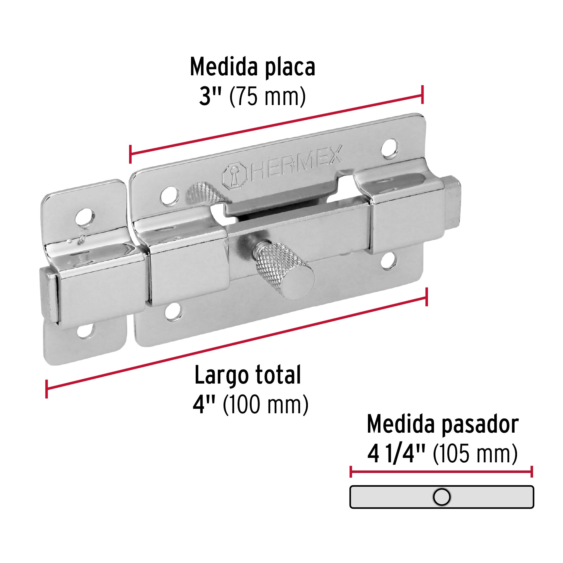 Pasador de barra plana 3" acabado cromo, HERMEX