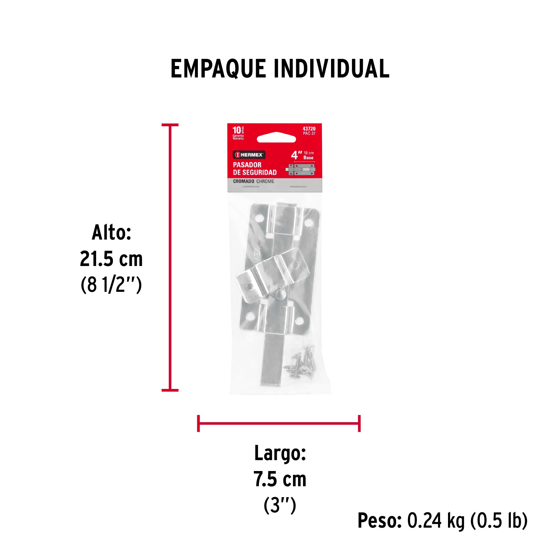 Pasador de barra plana 4" acabado cromo, HERMEX - Empaque