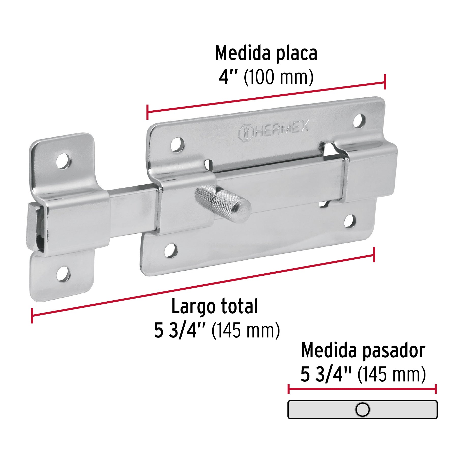 Pasador de barra plana 4" acabado cromo, HERMEX