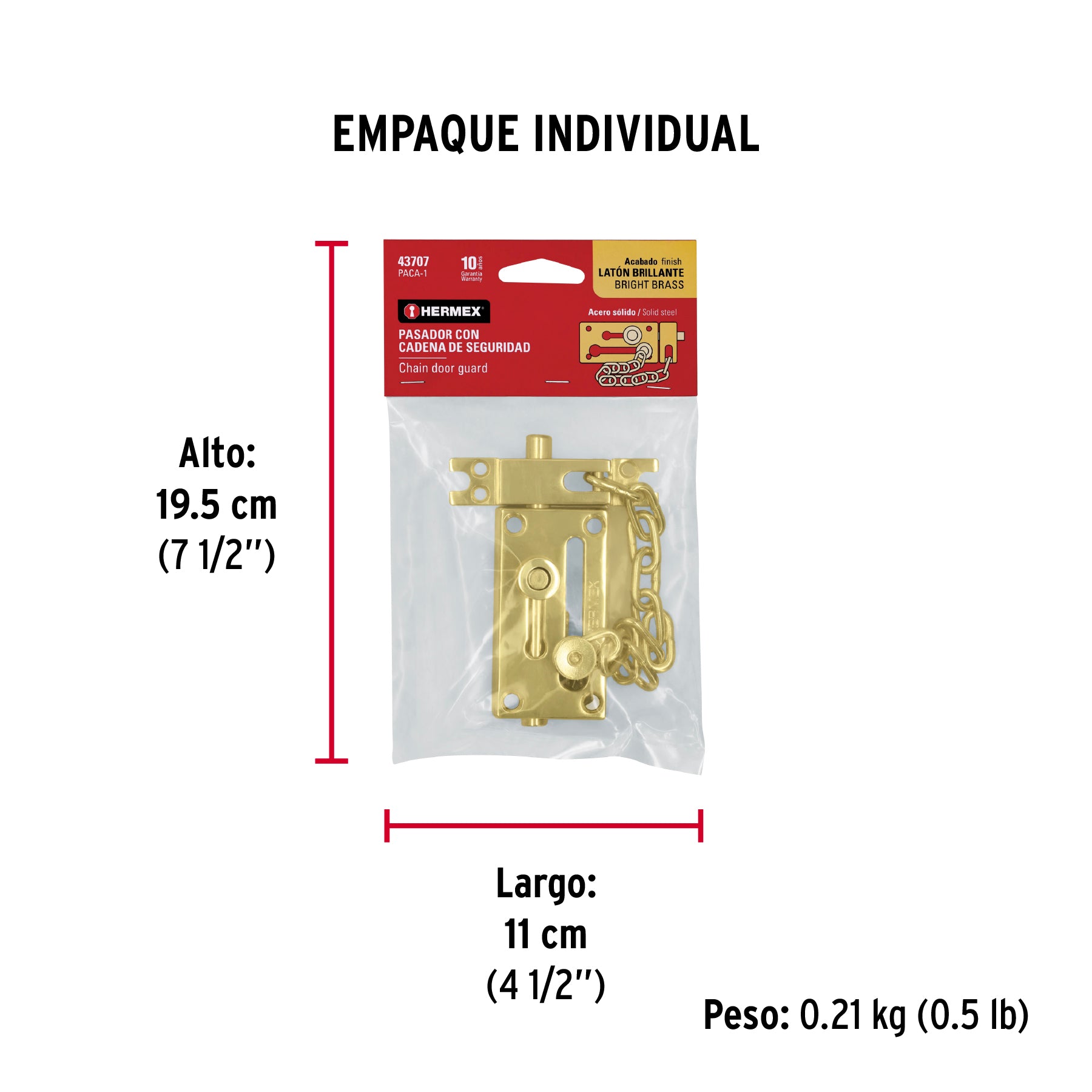 Pasador con cadena para puerta, acabado latón, HERMEX - Empaque