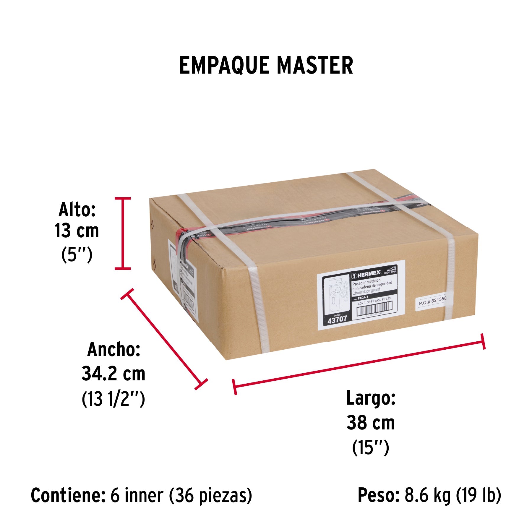 Pasador con cadena para puerta, acabado latón, HERMEX - Empaque