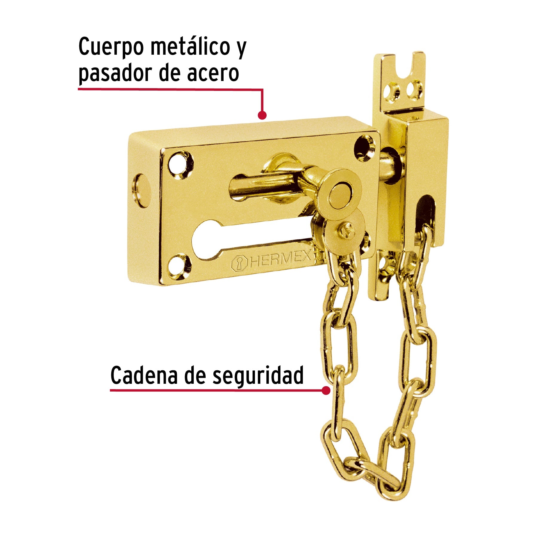 Pasador con cadena para puerta, acabado latón, HERMEX