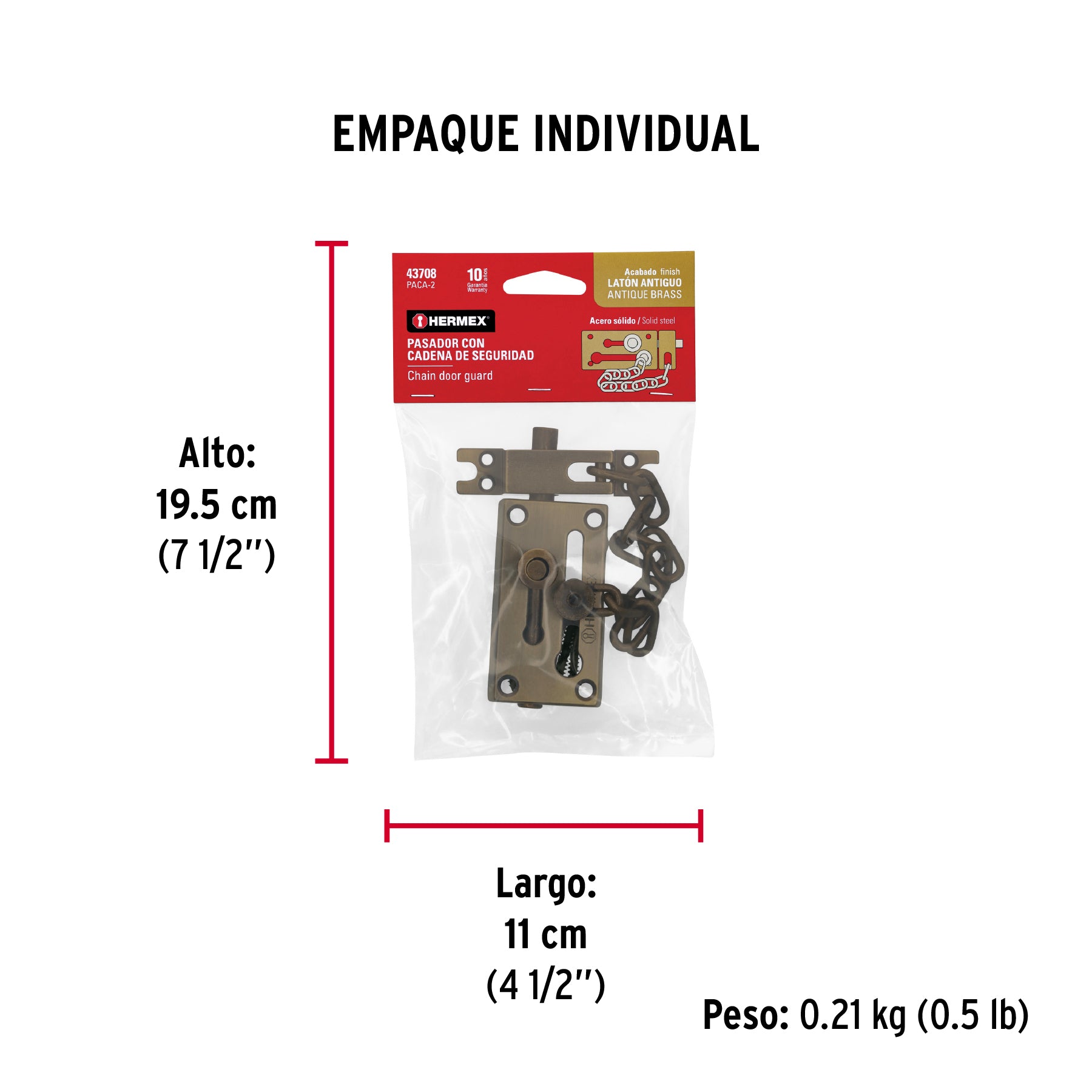 Pasador con cadena para puerta, acabado latón antiguo - Empaque