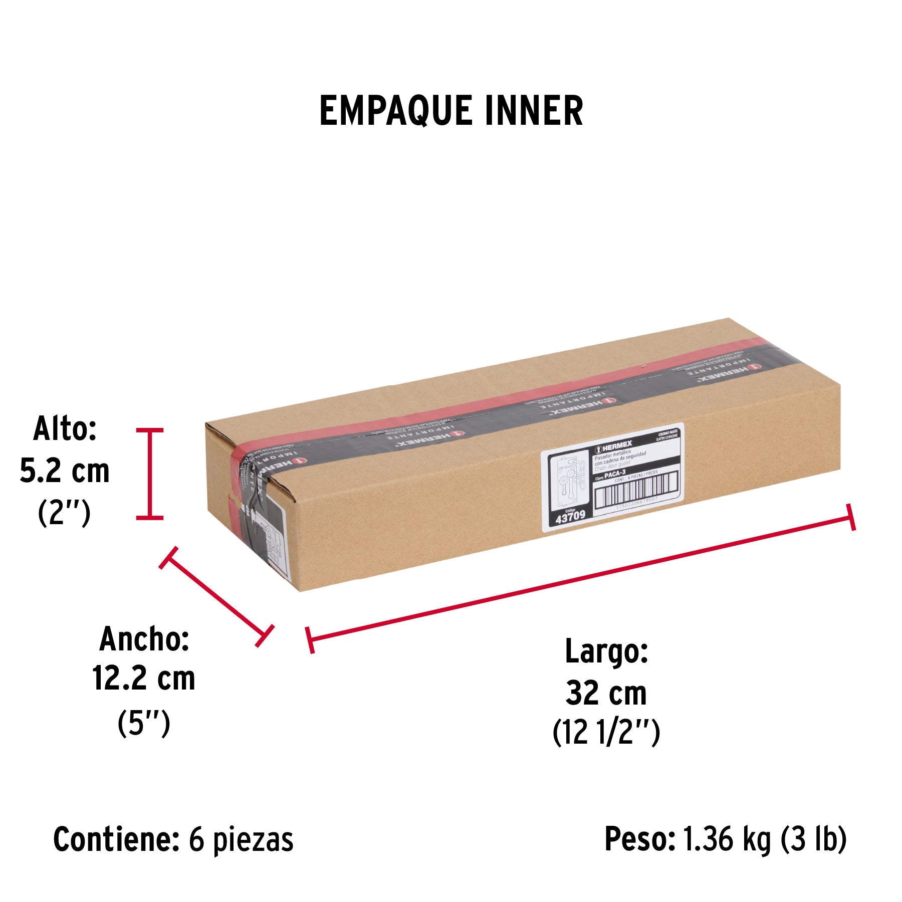 Pasador con cadena para puerta, acabado cromo mate, HERMEX - Empaque