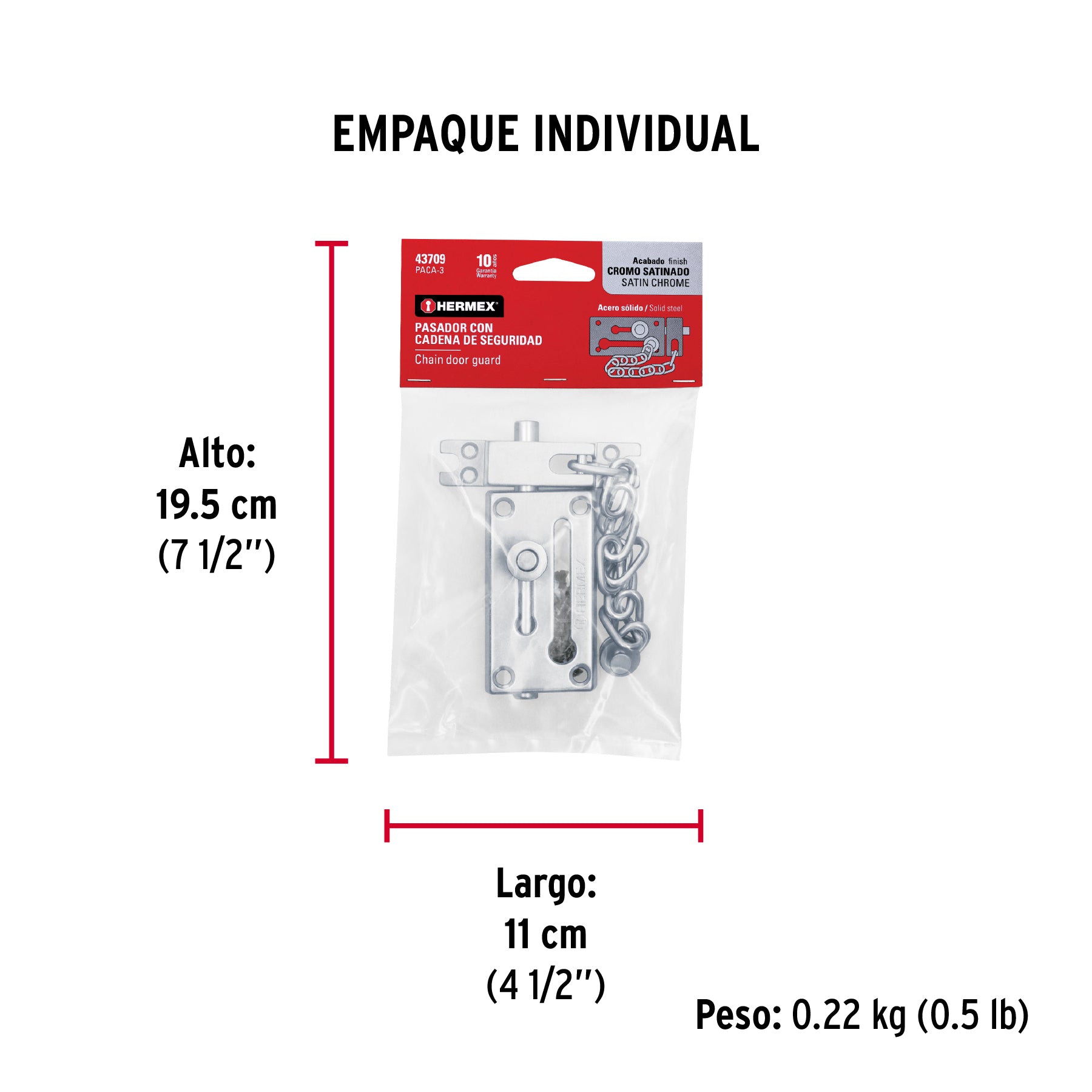 Pasador con cadena para puerta, acabado cromo mate, HERMEX - Empaque