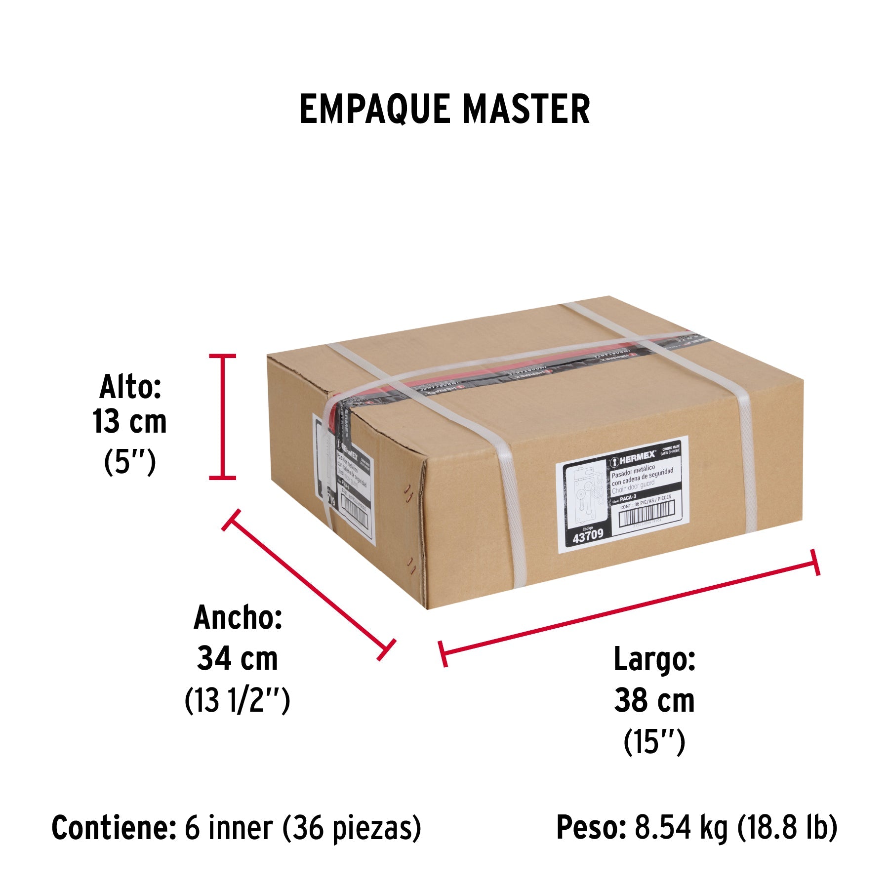 Pasador con cadena para puerta, acabado cromo mate, HERMEX - Empaque