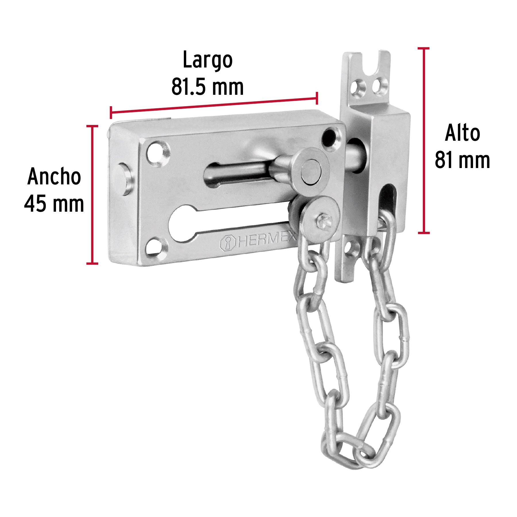 Pasador con cadena para puerta, acabado cromo mate, HERMEX