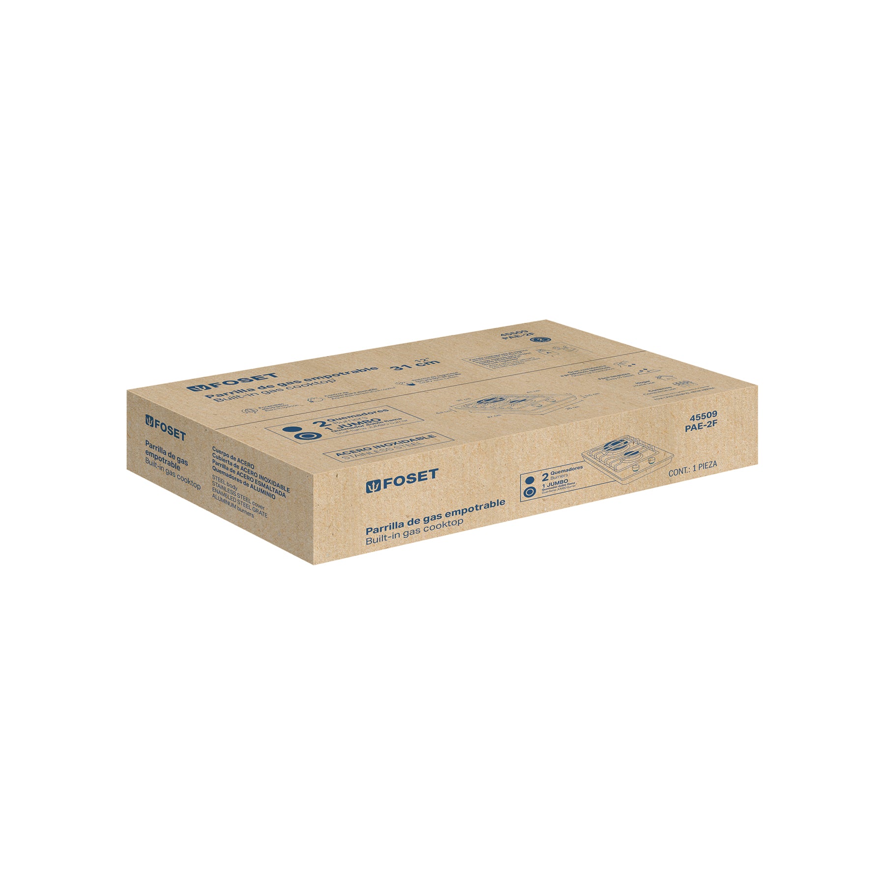 Parrilla gas empotrable 30 cm, 2 quemadores, esmalte, FOSET