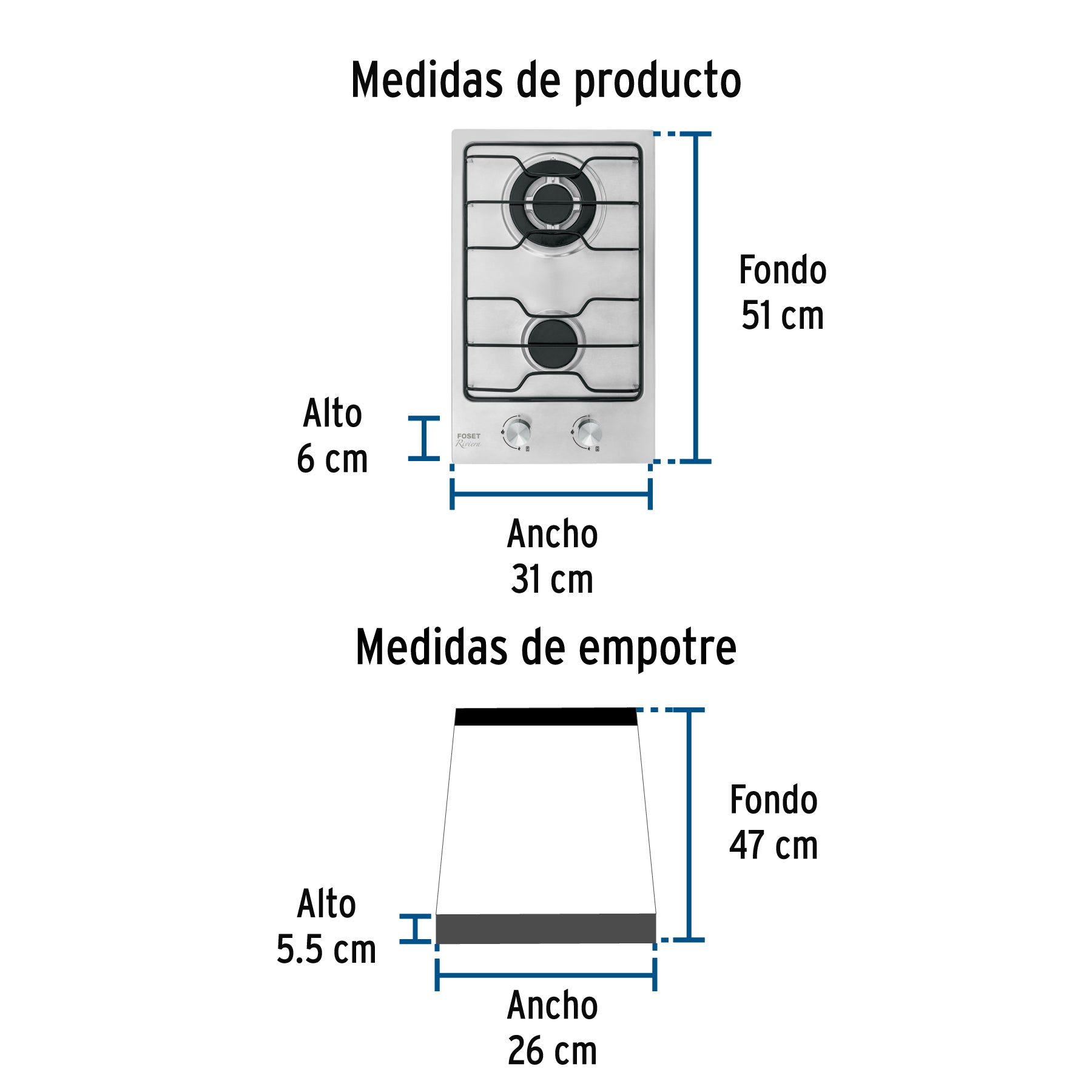 Parrilla gas empotrable 30 cm, 2 quemadores, esmalte, FOSET