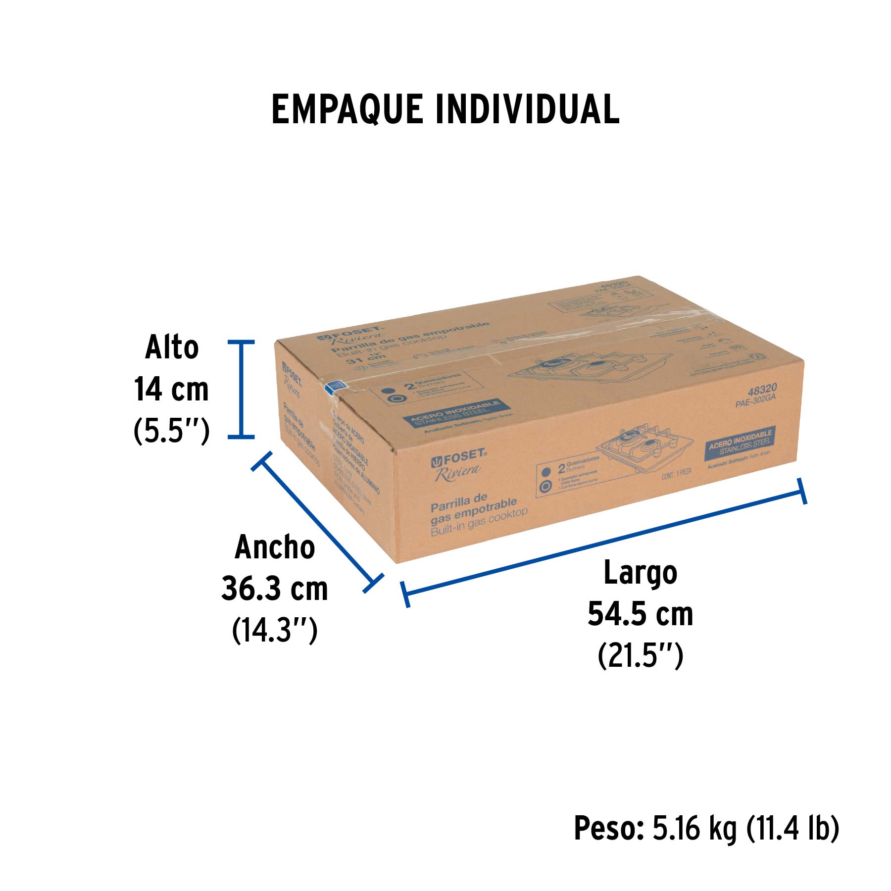Parrilla gas empotrable 30cm, 2 quem, acero inox, RIVIERA - Empaque