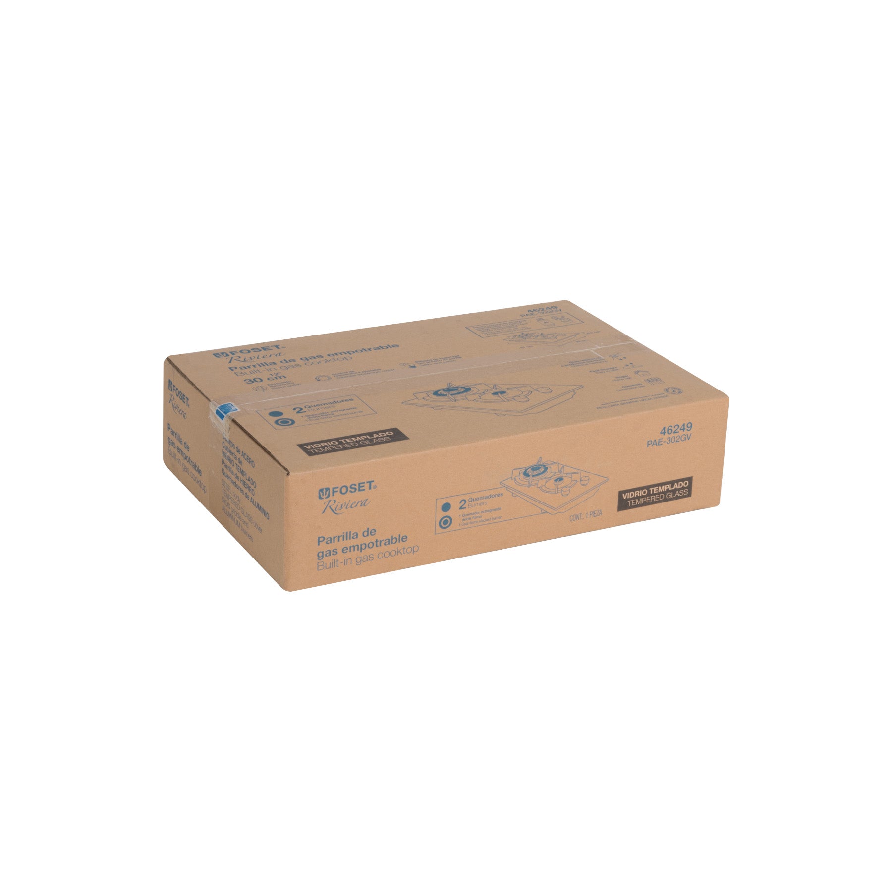 Parrilla gas empotrable 30cm, 2 quem, vidrio negro, RIVIERA