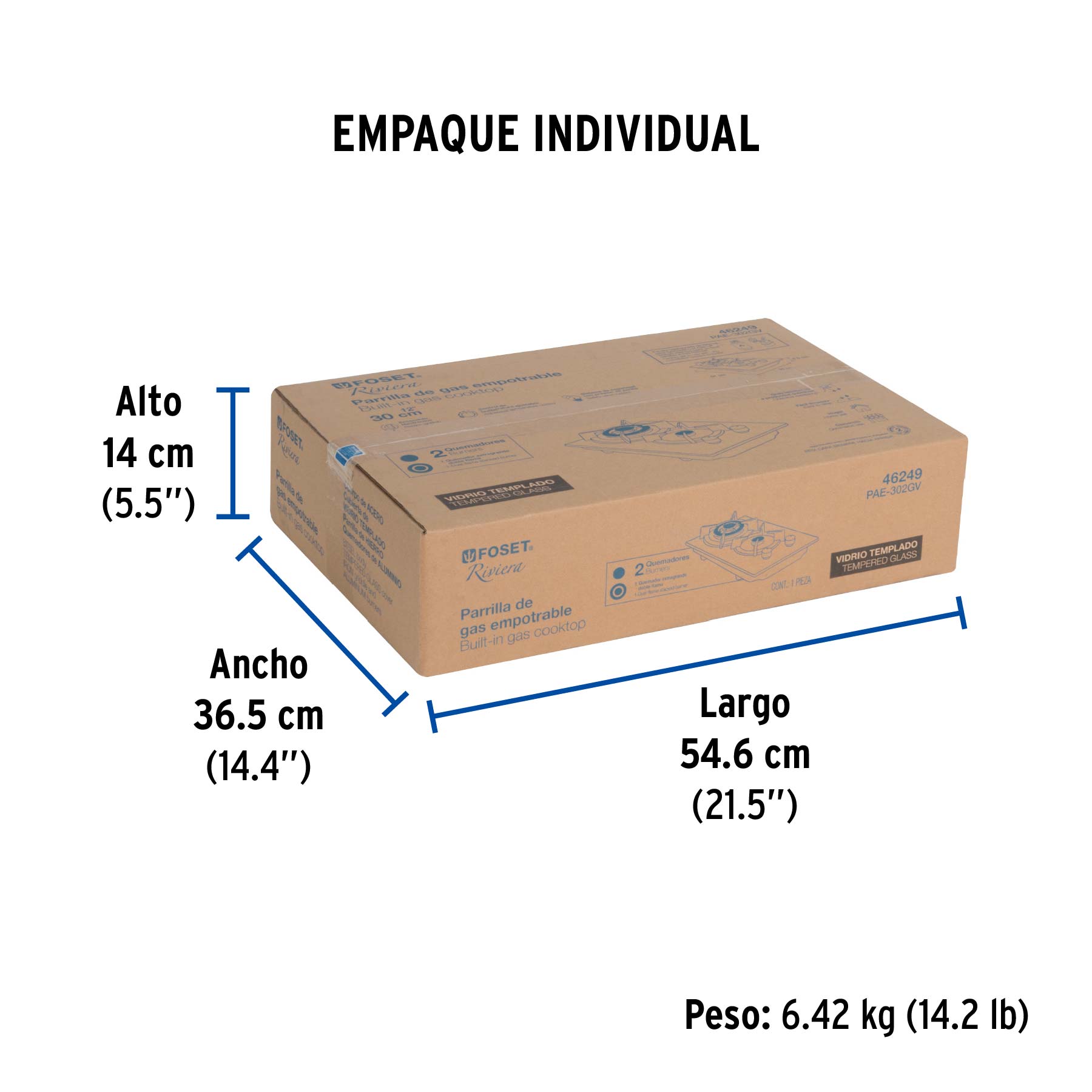 Parrilla gas empotrable 30cm, 2 quem, vidrio negro, RIVIERA - Empaque