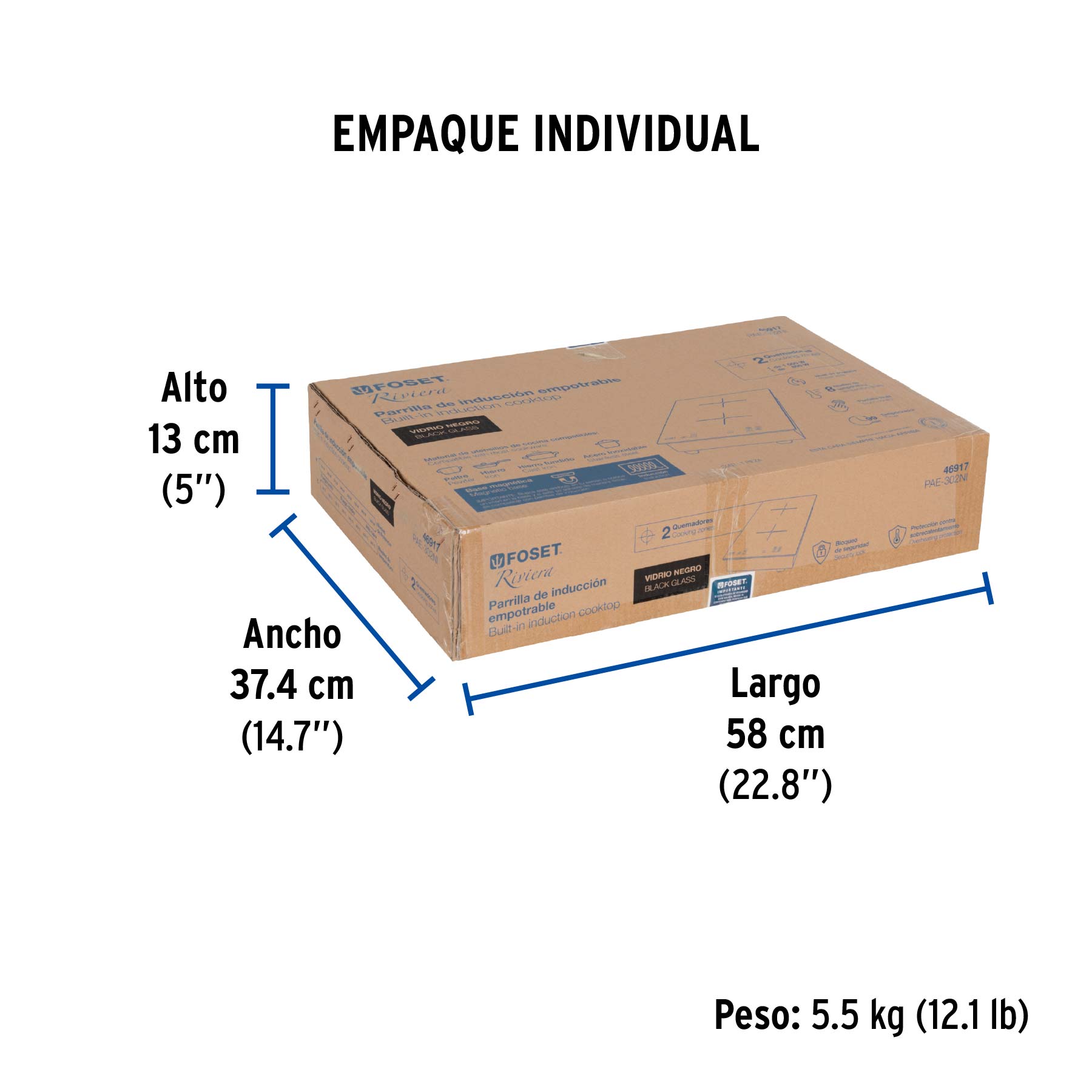 Parrilla inducción empotrable 30cm, 2 quem, vidrio, RIVIERA - Empaque