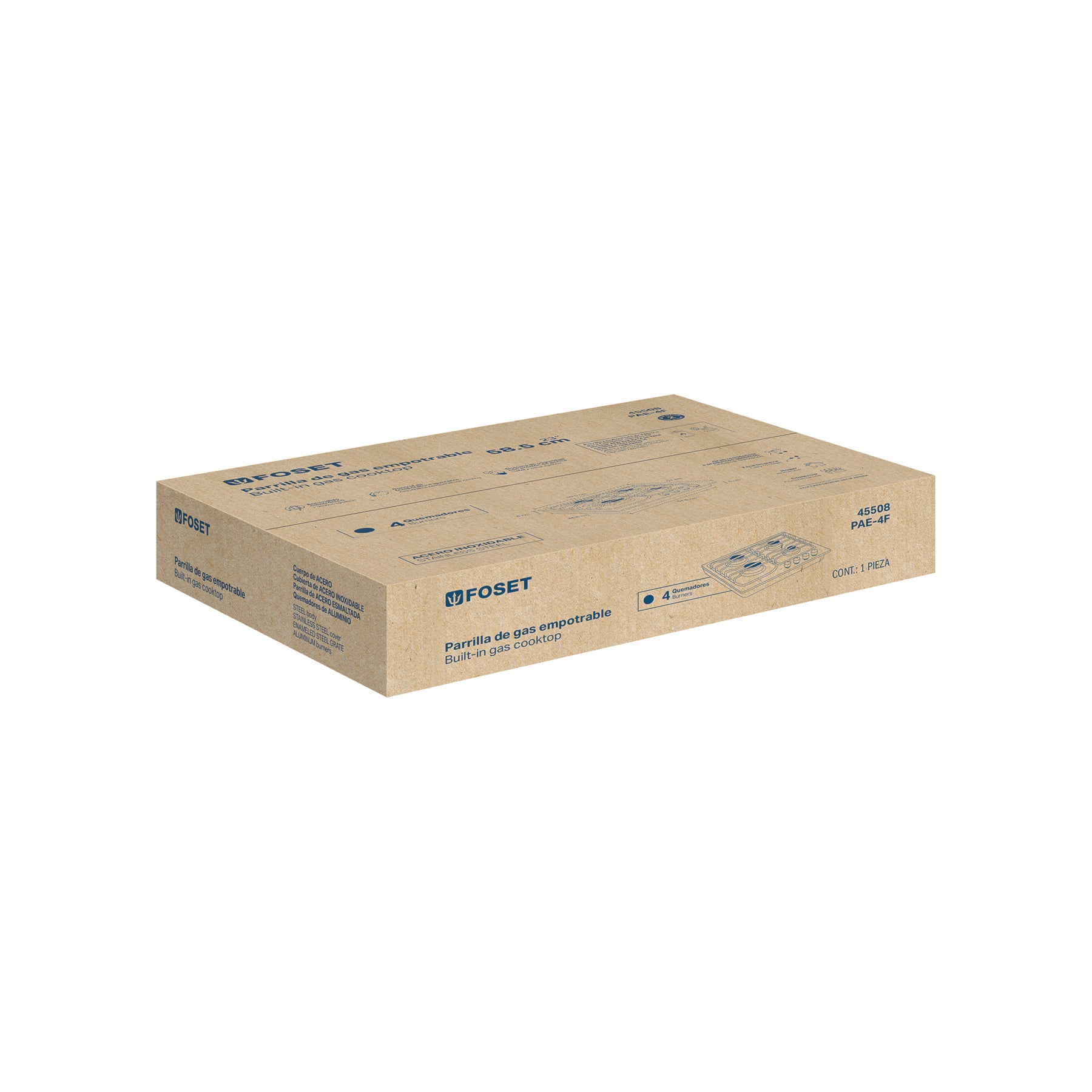 Parrilla gas empotrable 60 cm, 4 quemadores, esmalte, FOSET