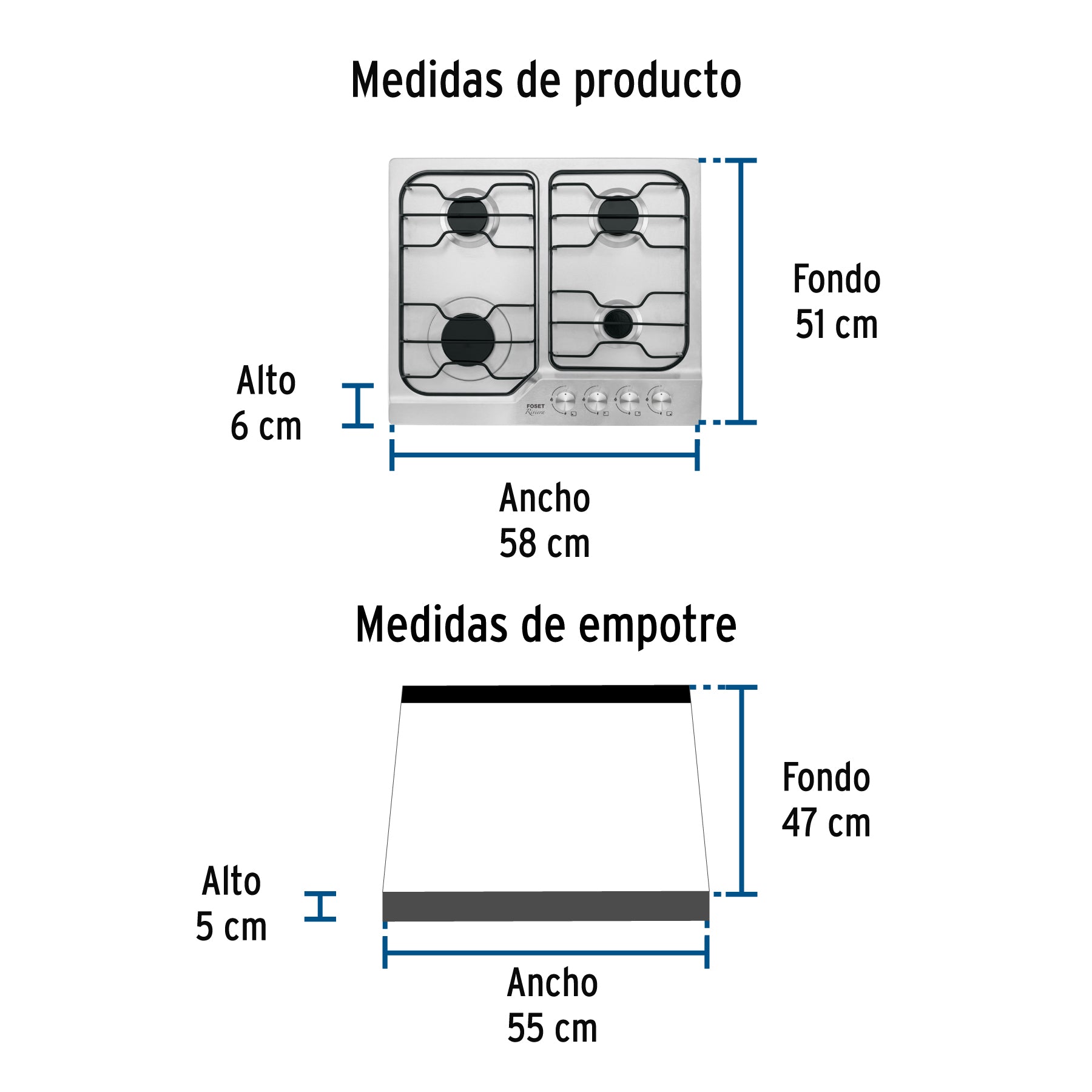 Parrilla gas empotrable 60 cm, 4 quemadores, esmalte, FOSET