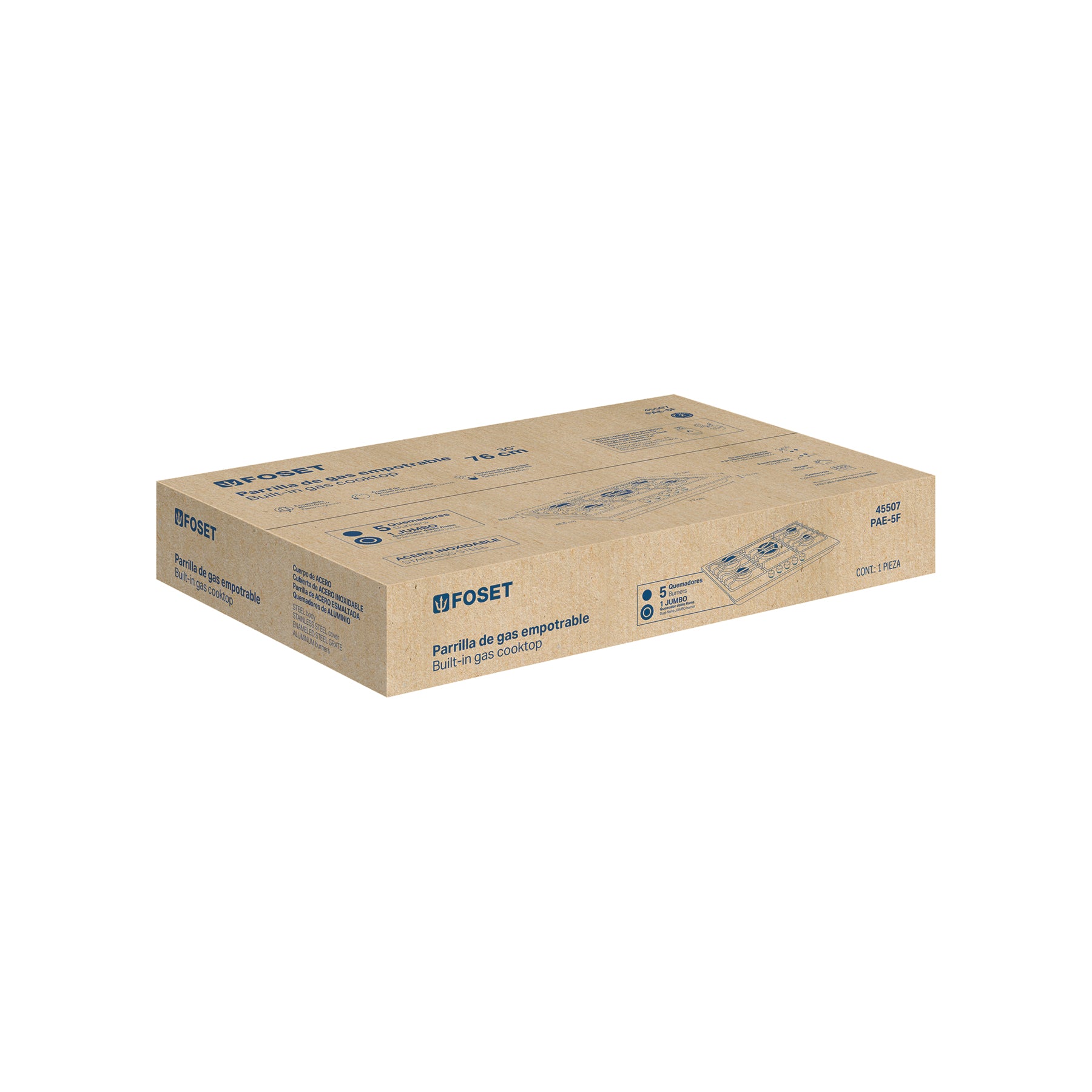 Parrilla gas empotrable 75 cm, 5 quemadores, esmalte, FOSET