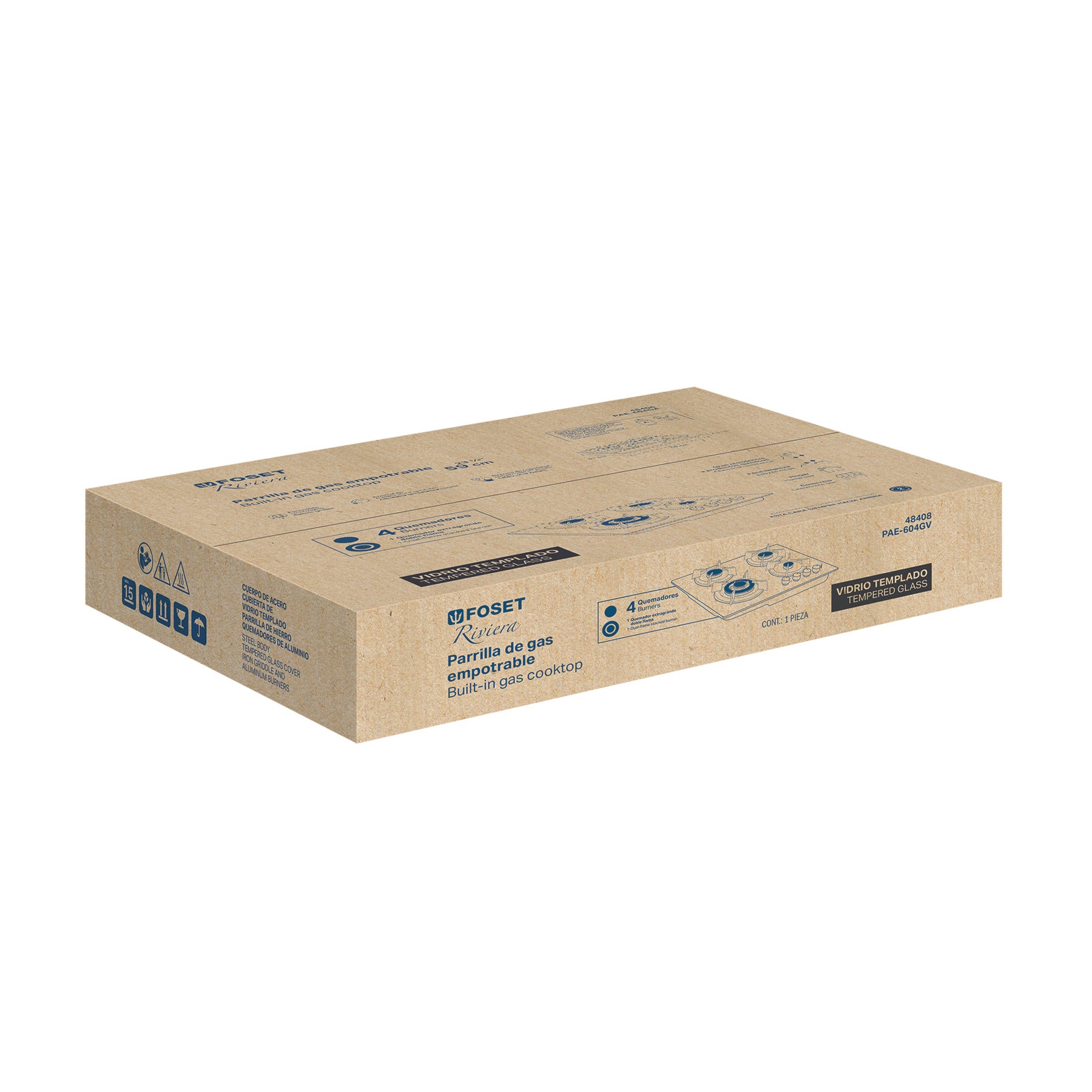 Parrilla gas empotrable 60cm, 4 quem, vidrio negro, RIVIERA