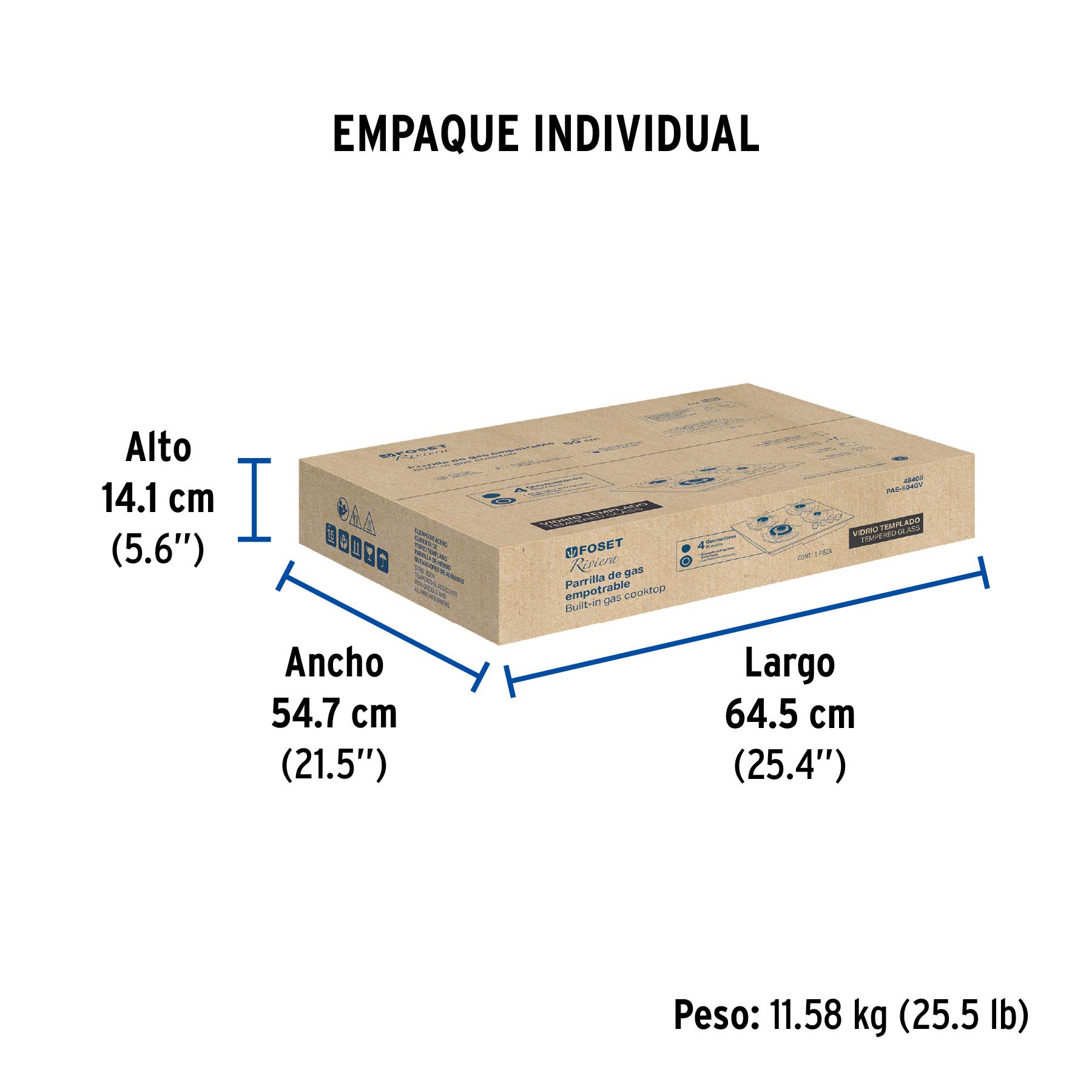 Parrilla gas empotrable 60cm, 4 quem, vidrio negro, RIVIERA - Empaque