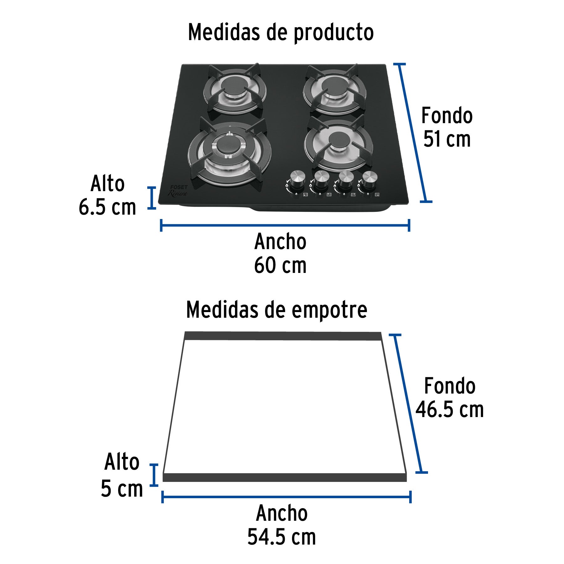 Parrilla gas empotrable 60cm, 4 quem, vidrio negro, RIVIERA