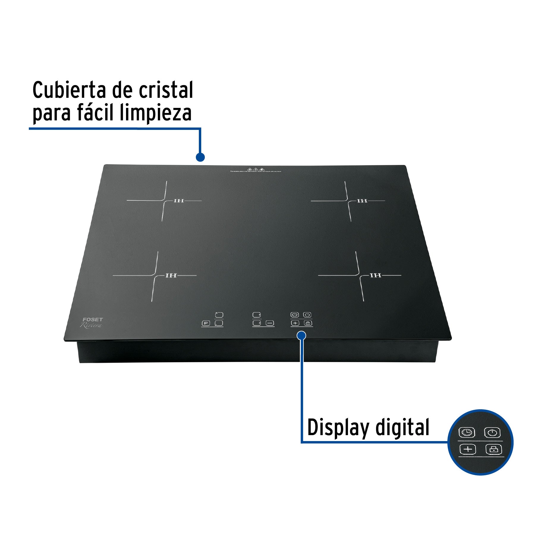 Parrilla inducción empotrable 60cm, 4 quem, vidrio, RIVIERA