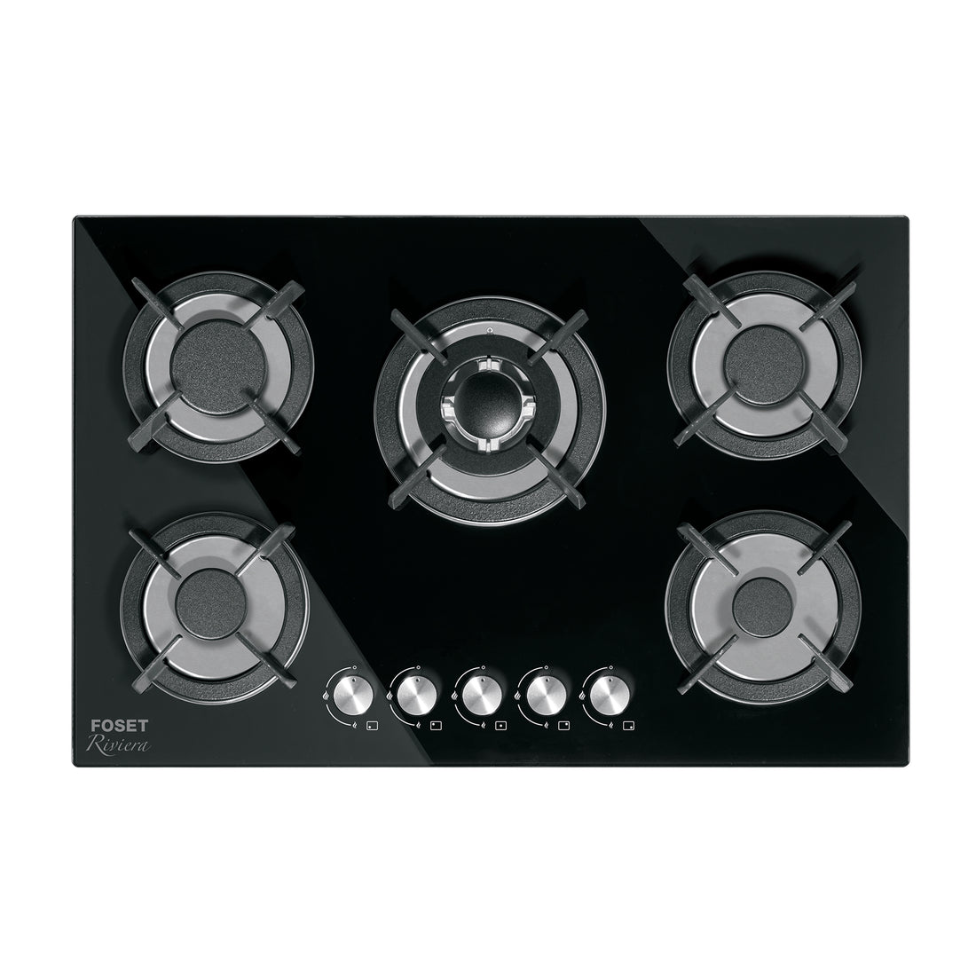 Parrilla gas empotrable 75cm, 5 quem, vidrio negro, RIVIERA