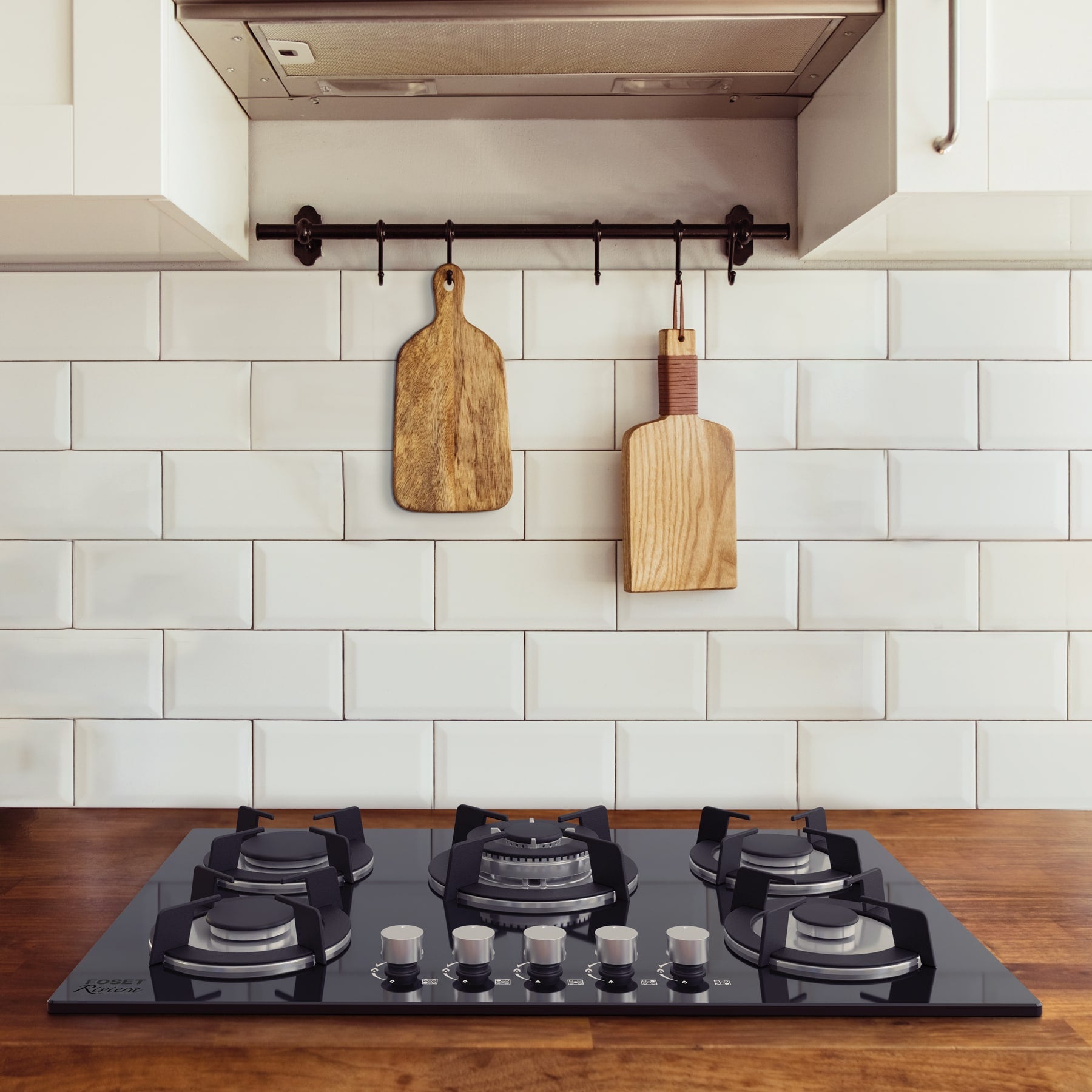 Parrilla gas empotrable 75cm, 5 quem, vidrio negro, RIVIERA