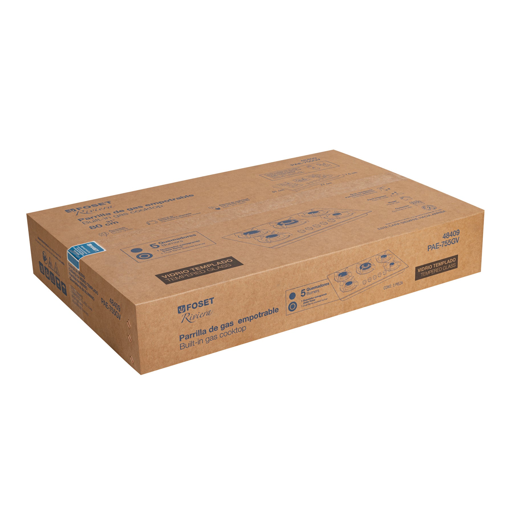 Parrilla gas empotrable 75cm, 5 quem, vidrio negro, RIVIERA