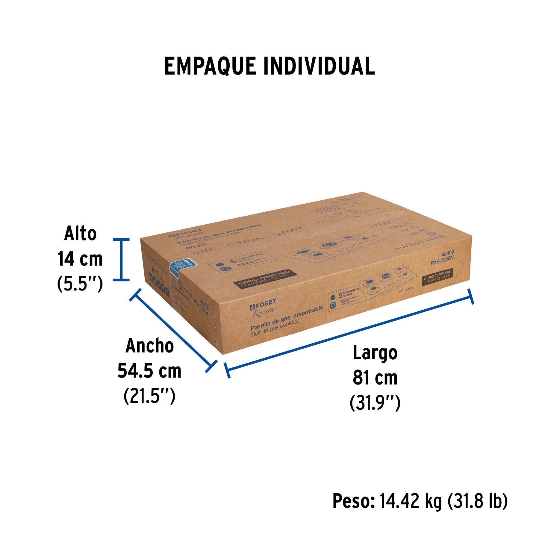 Parrilla gas empotrable 75cm, 5 quem, vidrio negro, RIVIERA - Empaque
