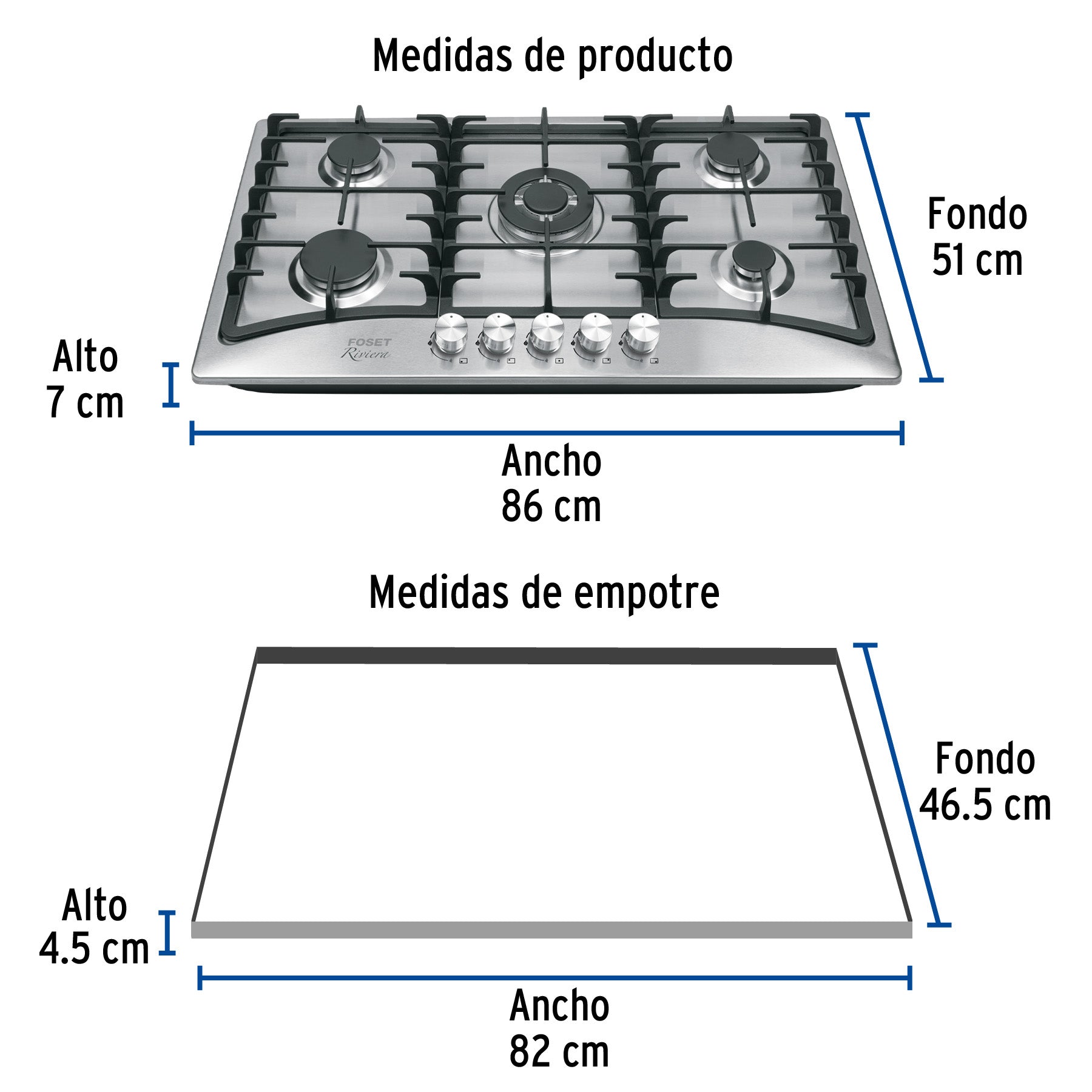 Parrilla gas empotrable 90cm, 5 quem, acero inox, RIVIERA