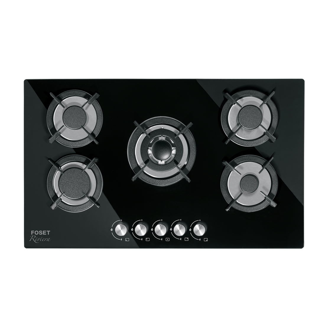 Parrilla gas empotrable 90cm, 5 quem, vidrio negro, RIVIERA