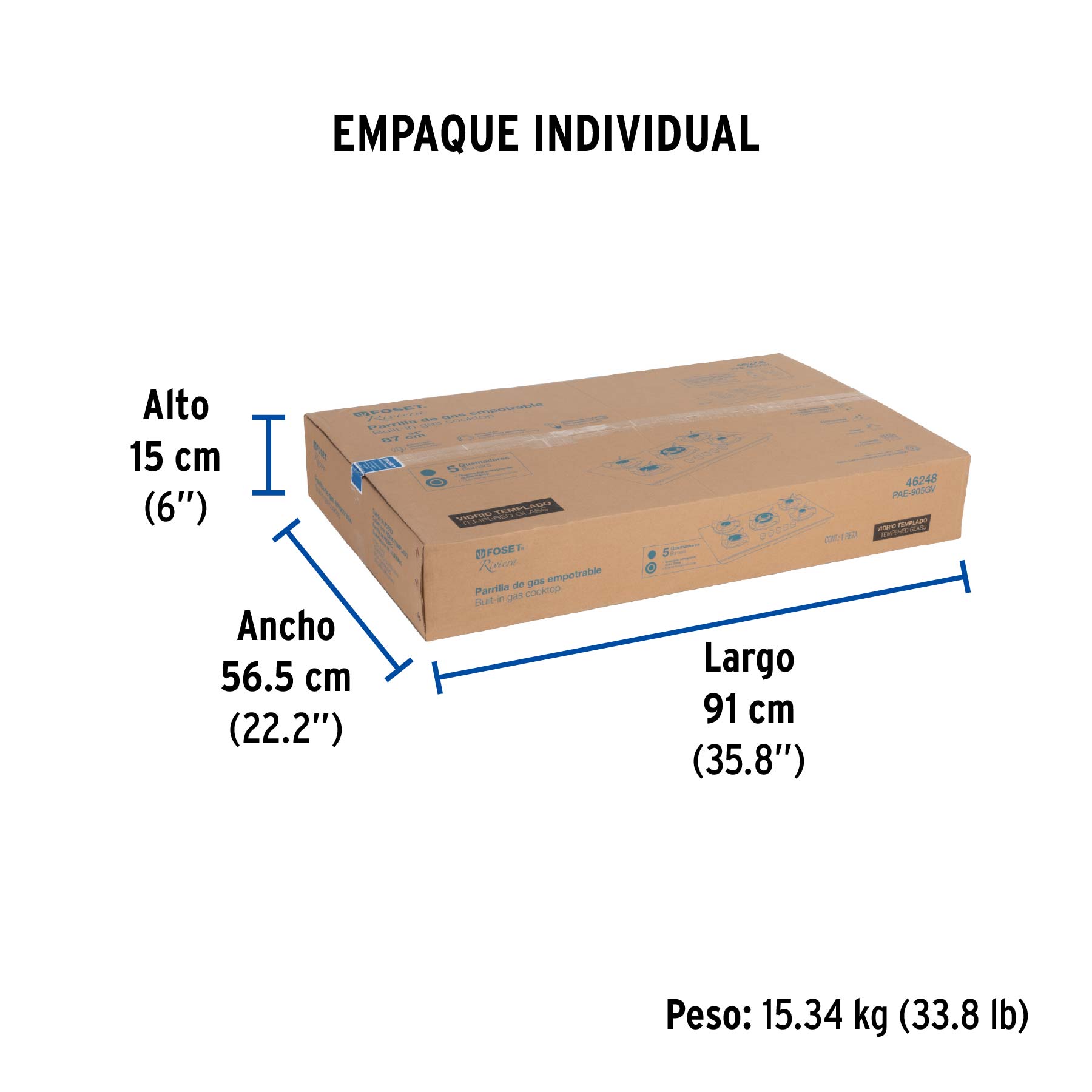 Parrilla gas empotrable 90cm, 5 quem, vidrio negro, RIVIERA - Empaque