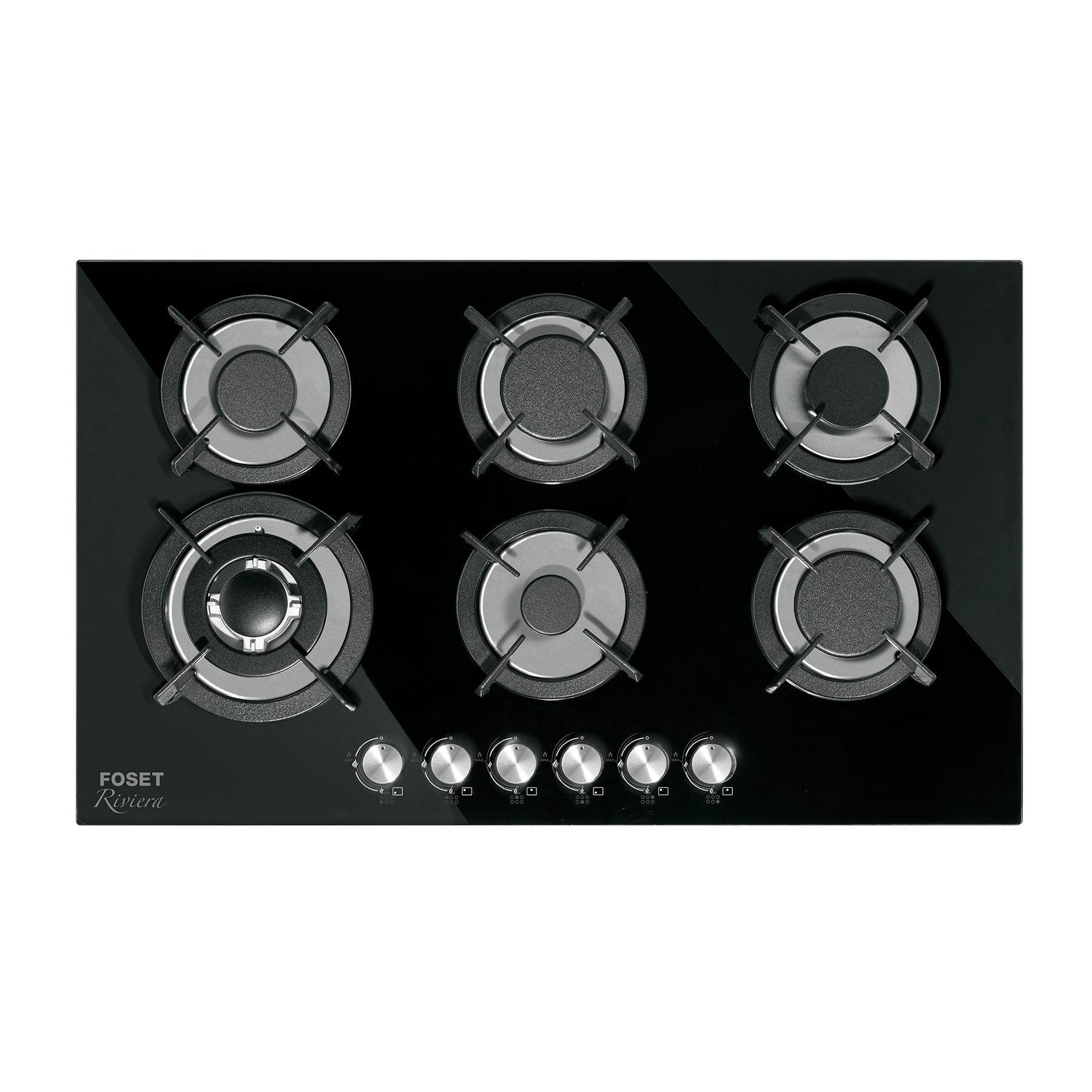 Parrilla gas empotrable 90cm, 6 quem, vidrio negro, RIVIERA