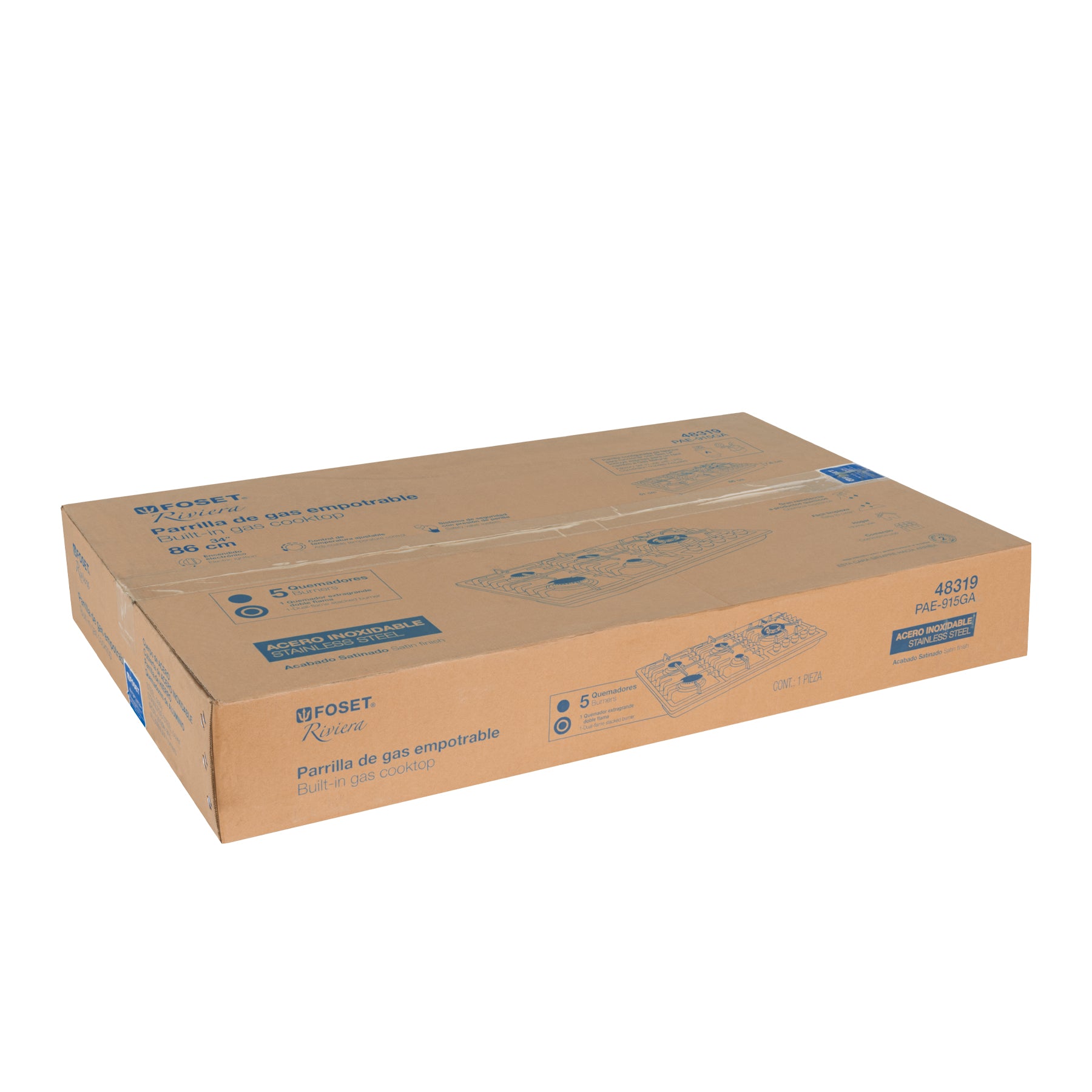 Parrilla gas empotrable 90cm, 5 quem, lateral, inox, RIVIERA