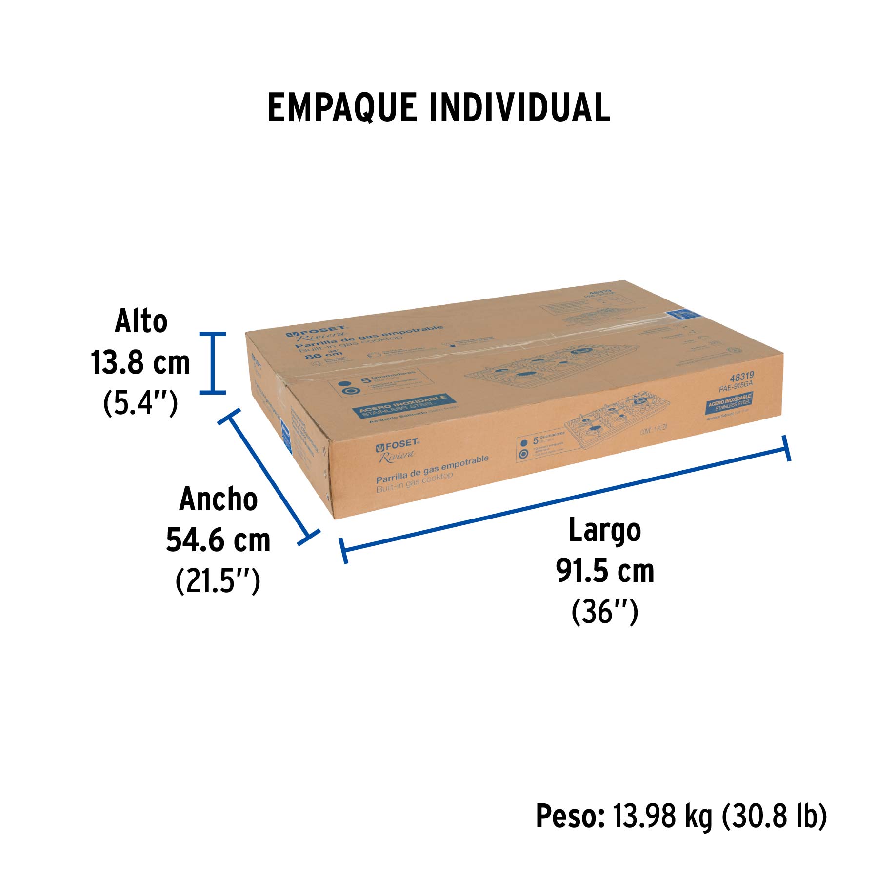 Parrilla gas empotrable 90cm, 5 quem, lateral, inox, RIVIERA - Empaque