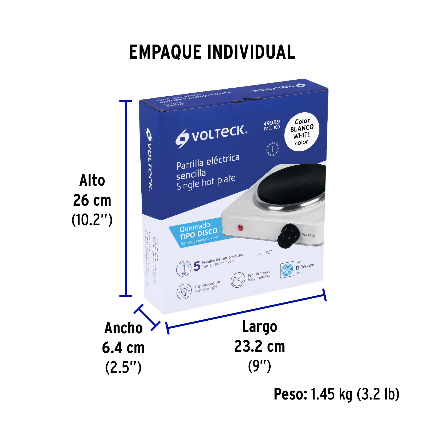 Parrilla eléctrica 1 quemador de disco, blanca, VOLTECK - Empaque