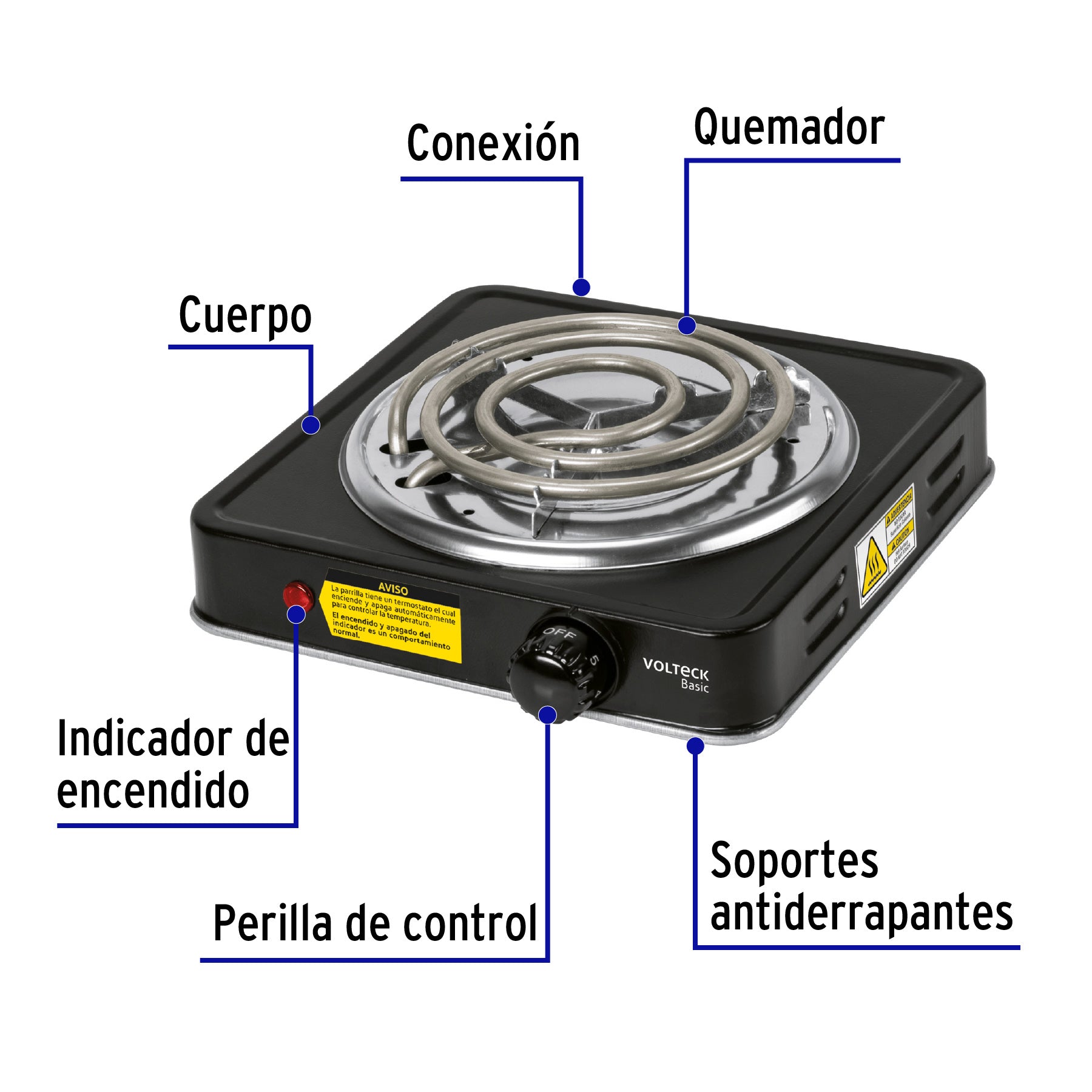 Parrilla eléctrica 1 quemador en espiral, negra, BASIC