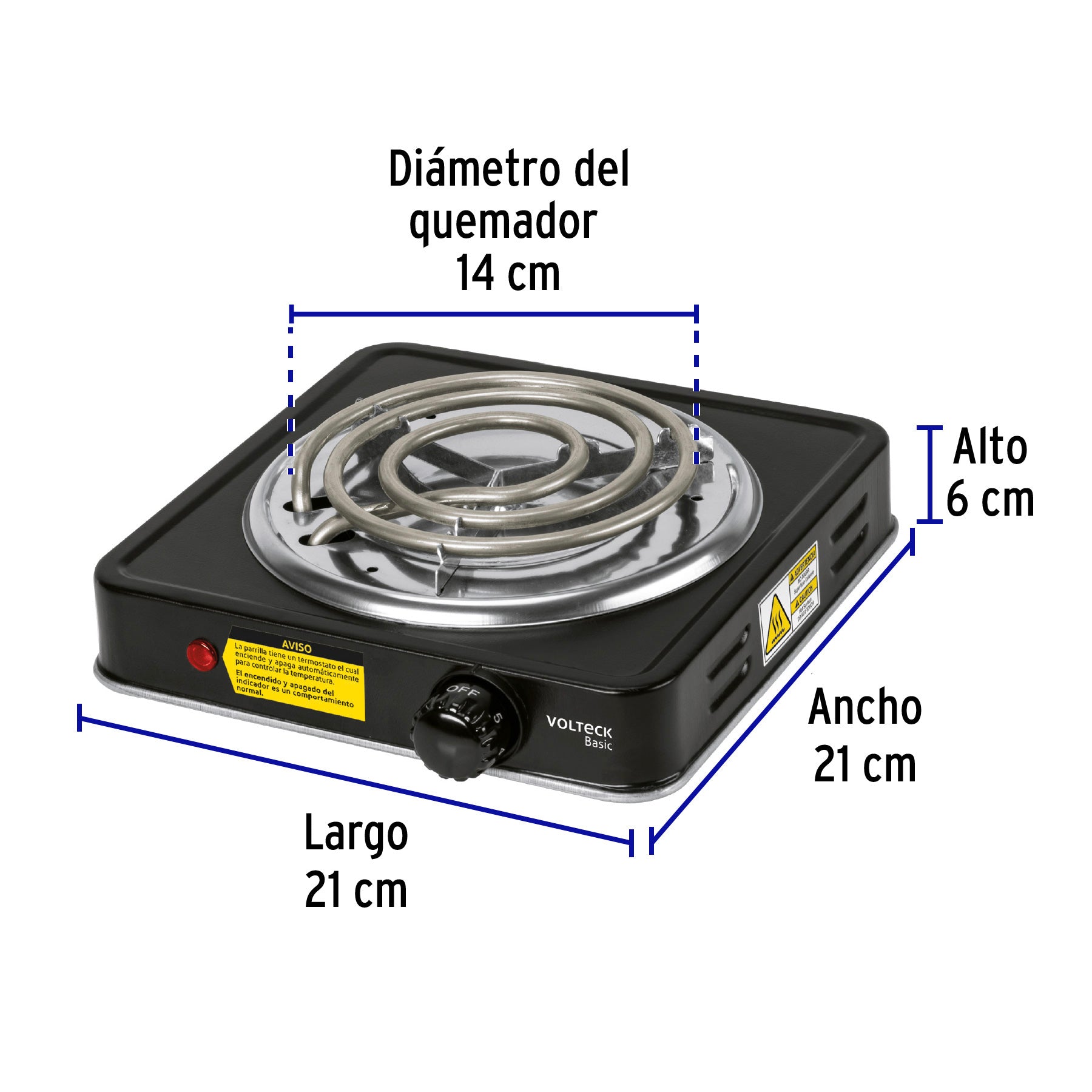 Parrilla eléctrica 1 quemador en espiral, negra, BASIC