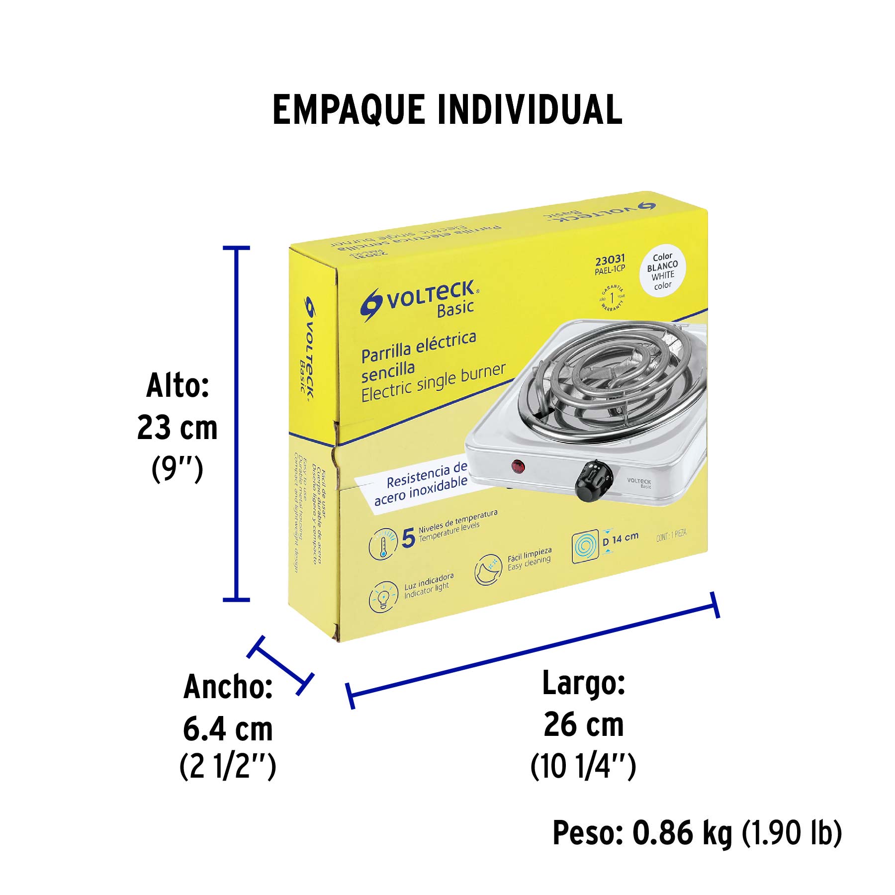 Parrilla eléctrica 1 quemador en espiral, blanca, BASIC - Empaque