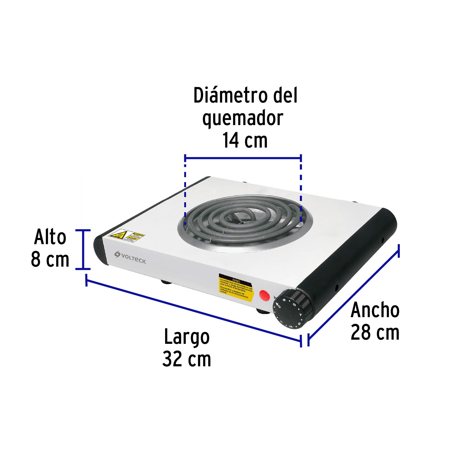Parrilla eléctrica 1 quemador en espiral, blanca, VOLTECK