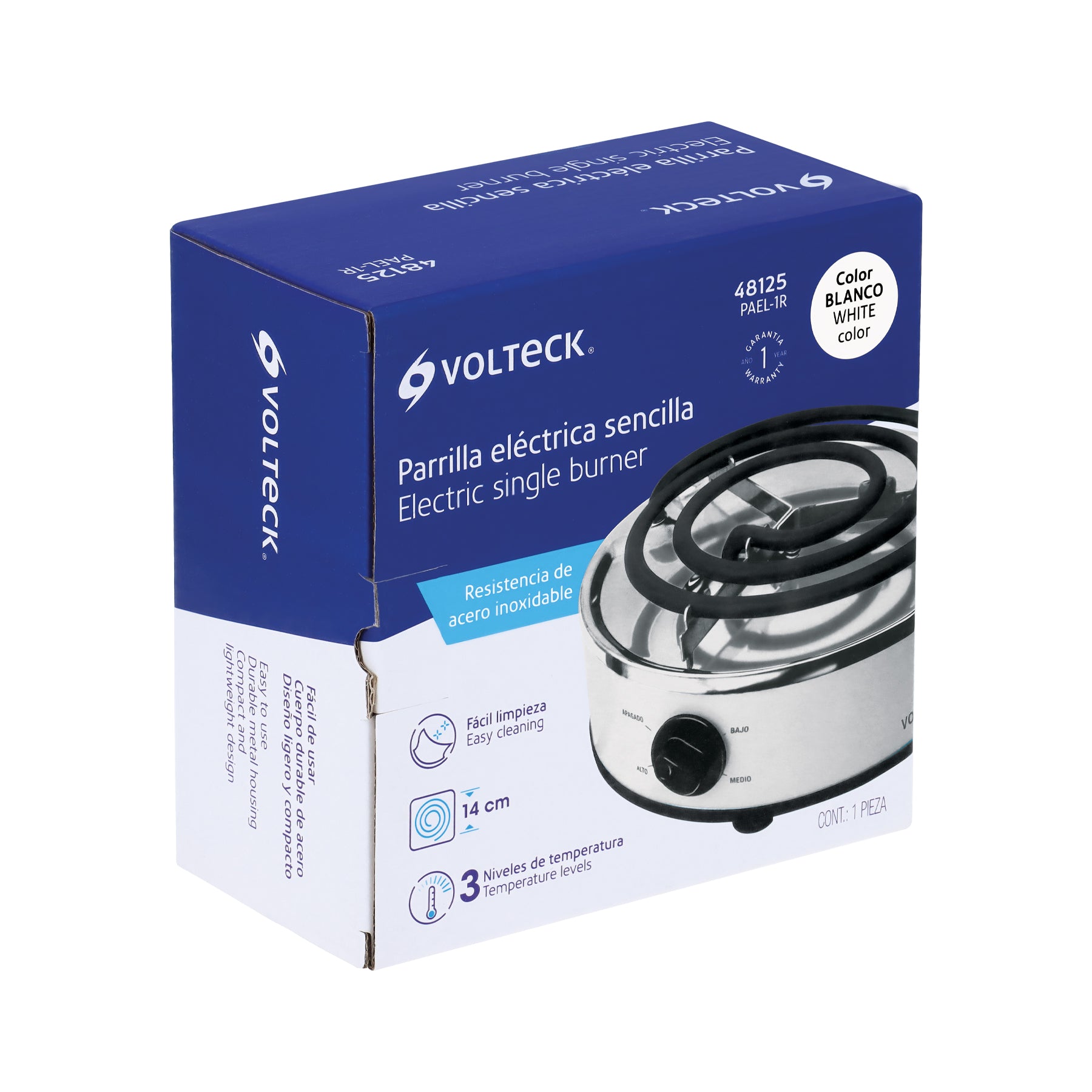 Parrilla eléctrica red. 1 quemador espiral, blanca, VOLTECK