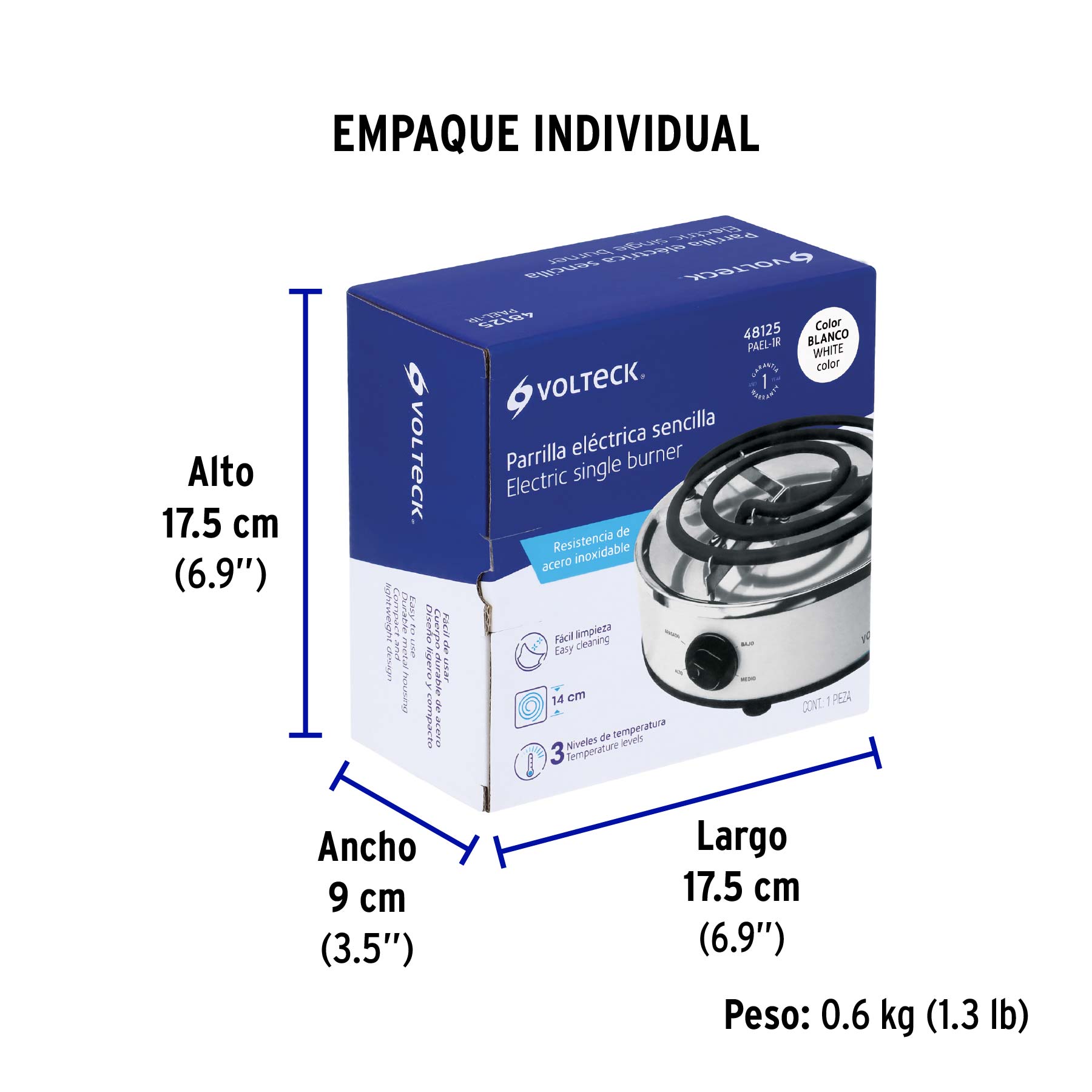 Parrilla eléctrica red. 1 quemador espiral, blanca, VOLTECK - Empaque