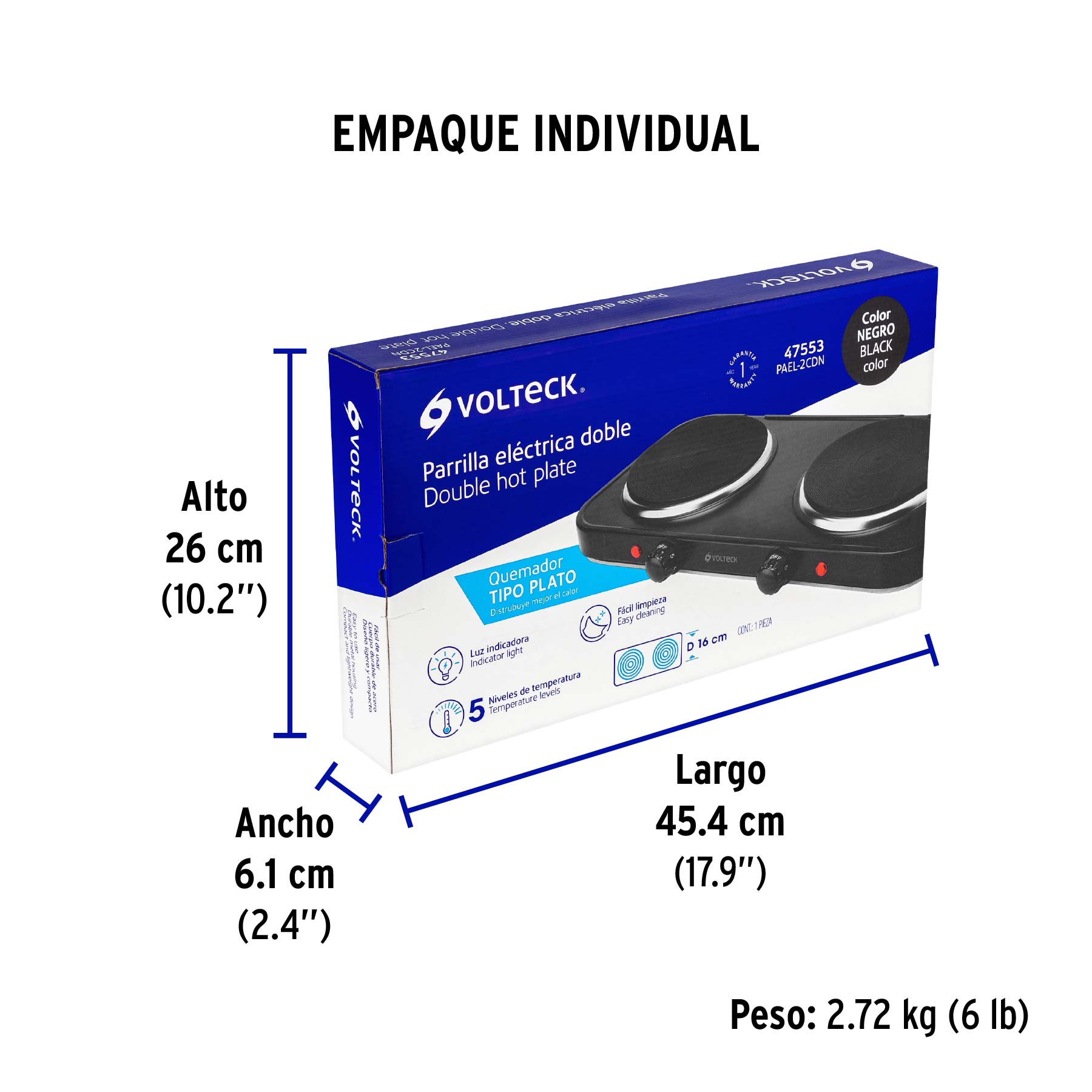 Parrilla eléctrica 2 quemadores de disco, negra, VOLTECK - Empaque