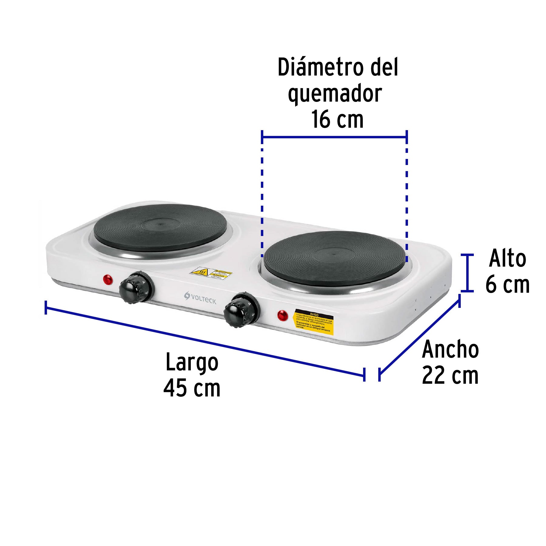 Parrilla eléctrica 2 quemadores de disco, blanca, VOLTECK
