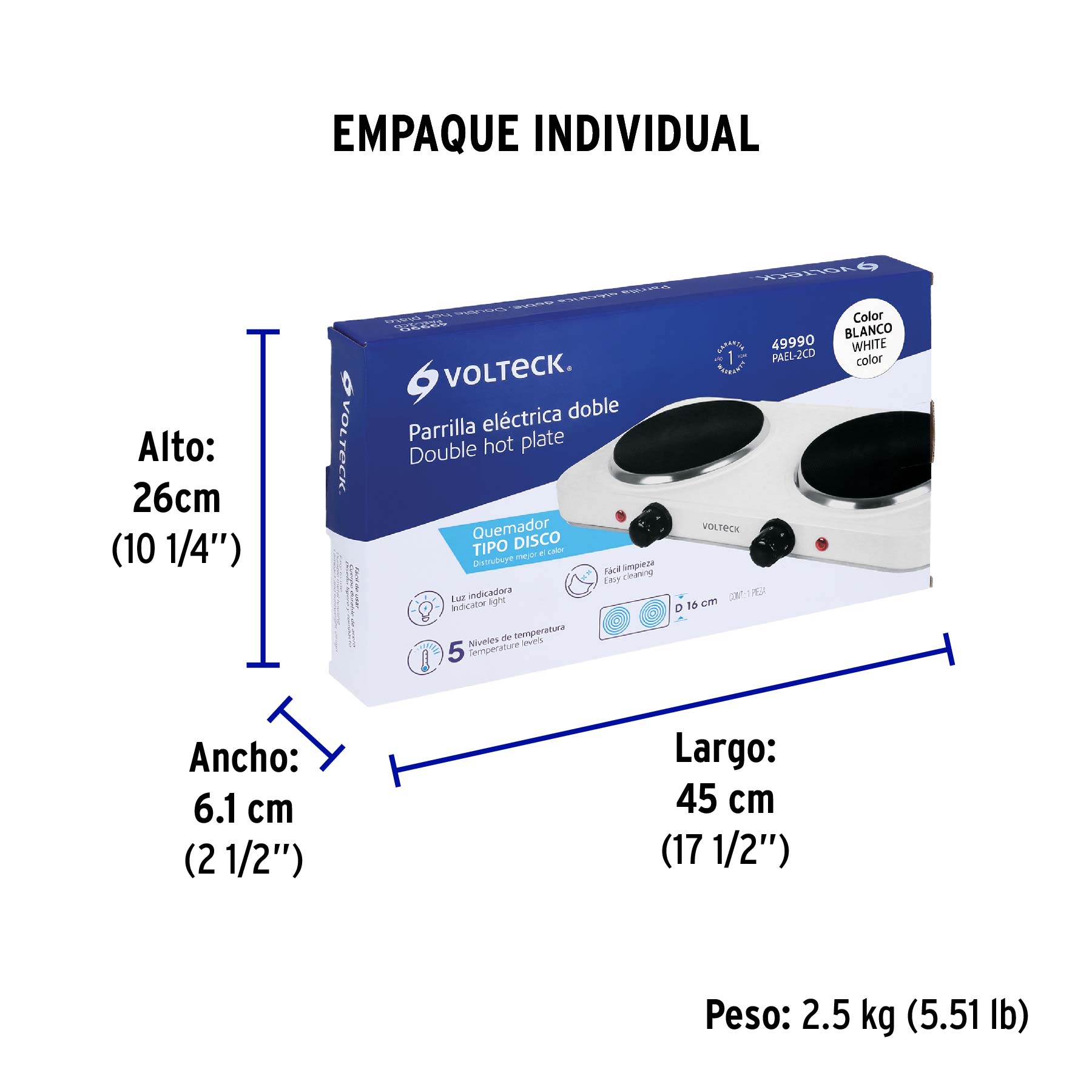 Parrilla eléctrica 2 quemadores de disco, blanca, VOLTECK - Empaque
