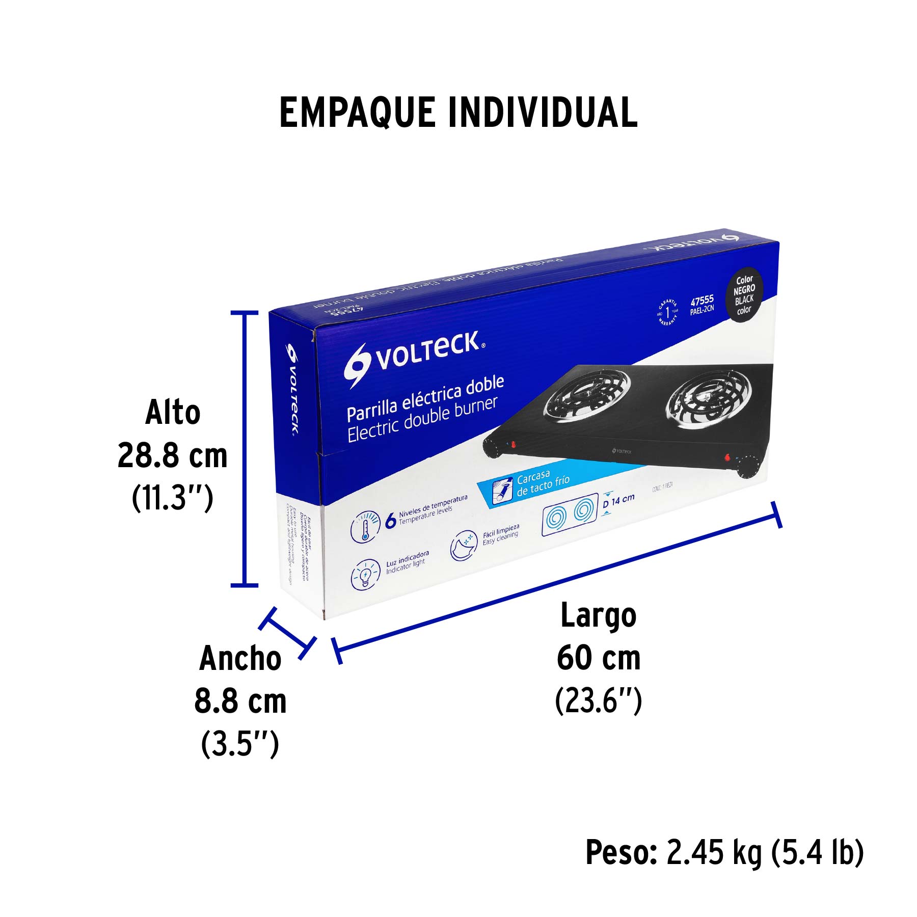 Parrilla eléctrica 2 quemadores en espiral, negra, VOLTECK - Empaque