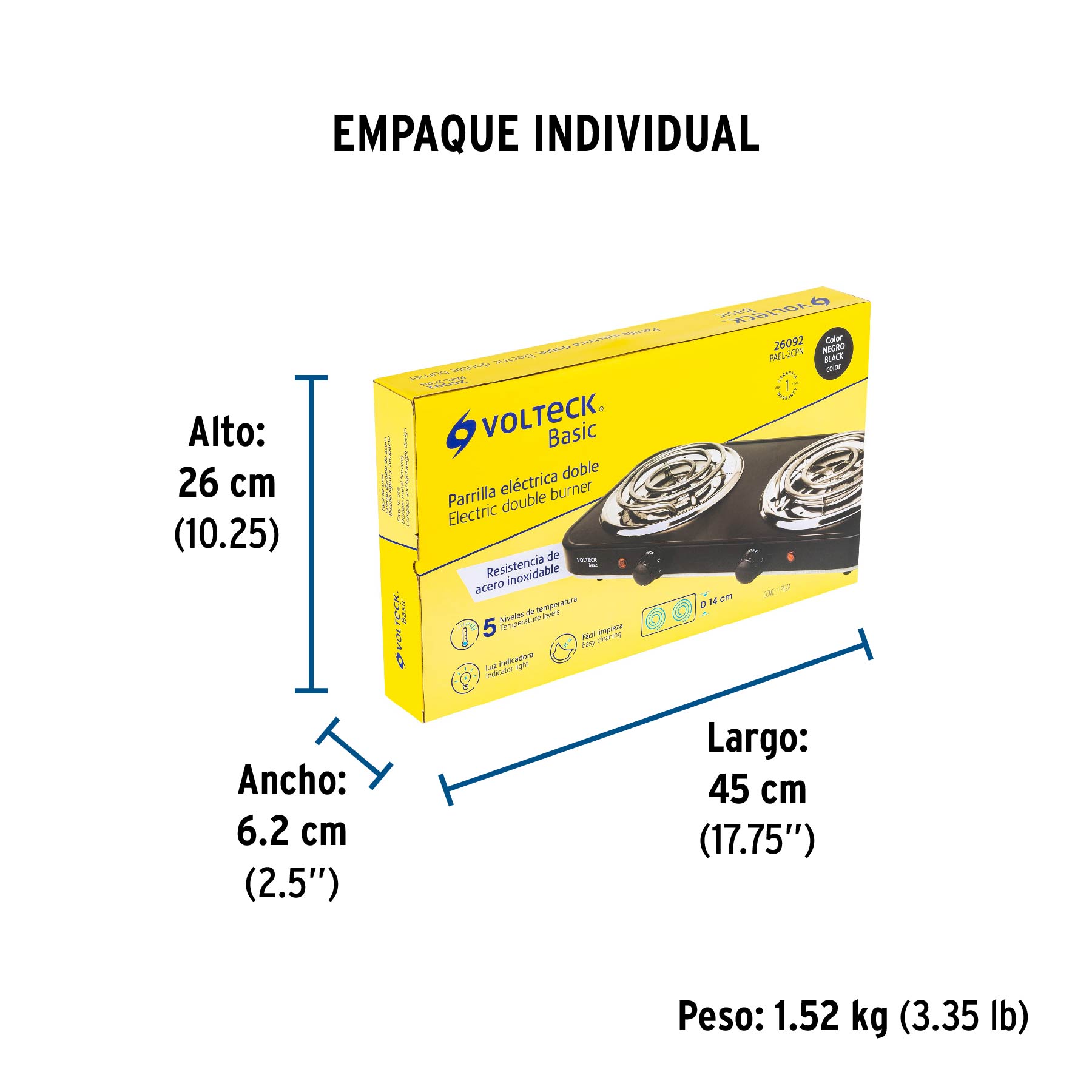 Parrilla eléctrica 2 quemadores en espiral, negra, BASIC - Empaque