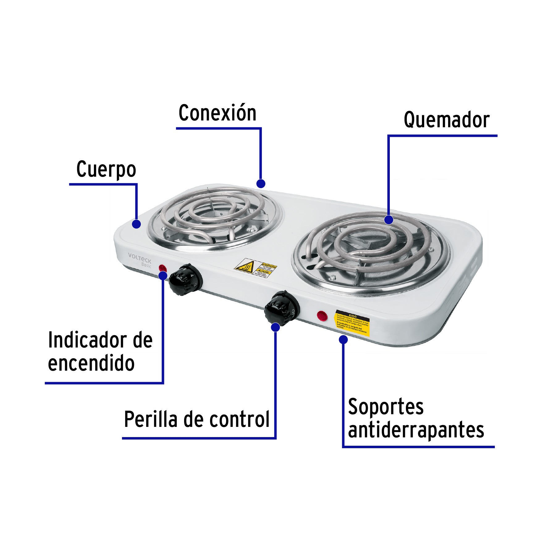Parrilla eléctrica 2 quemadores en espiral, blanca, BASIC