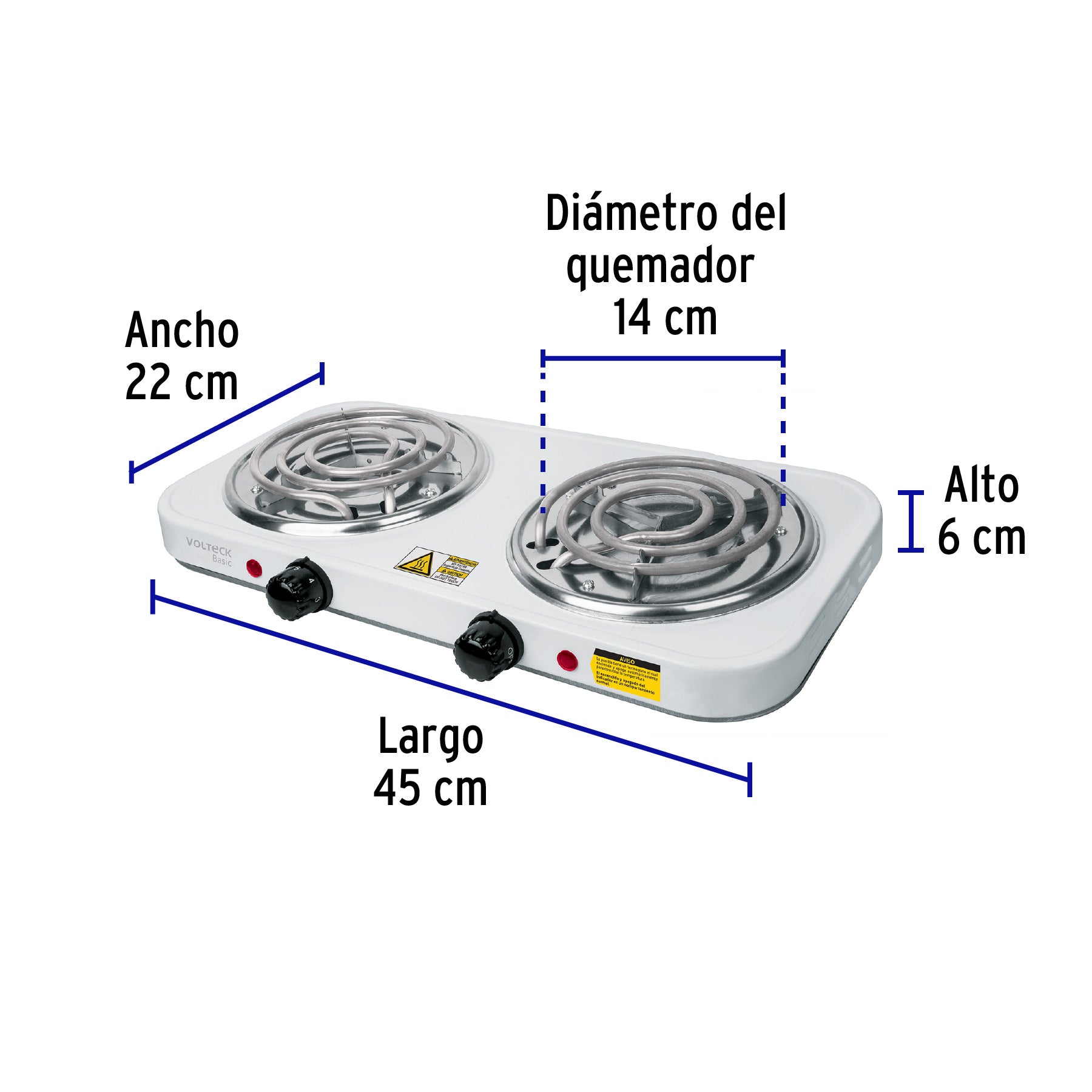 Parrilla eléctrica 2 quemadores en espiral, blanca, BASIC